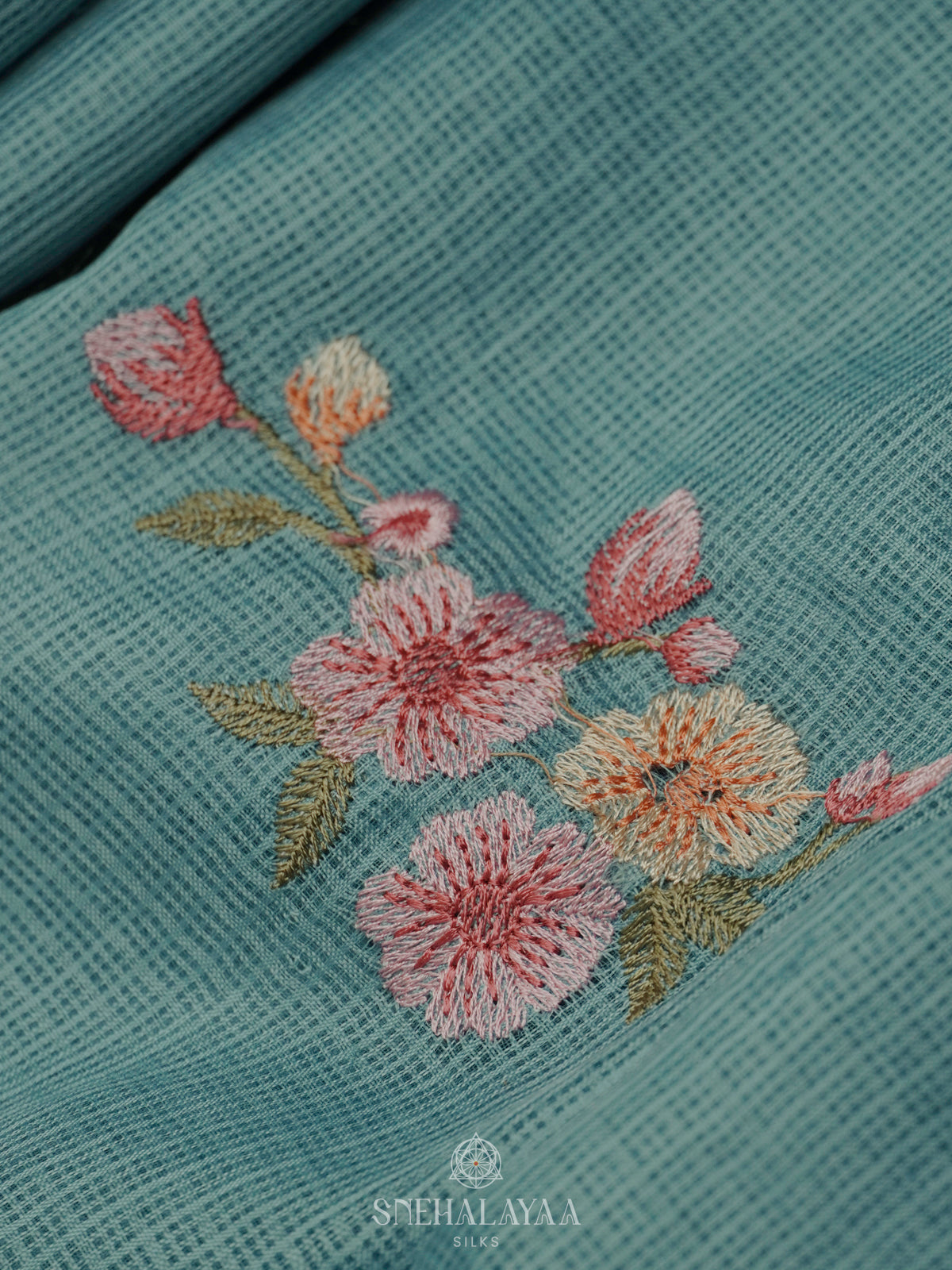 Teal Blue Kota Embroidery Saree