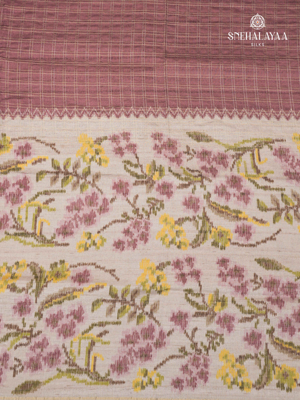 Burgundy Floral Printed Tussar Saree