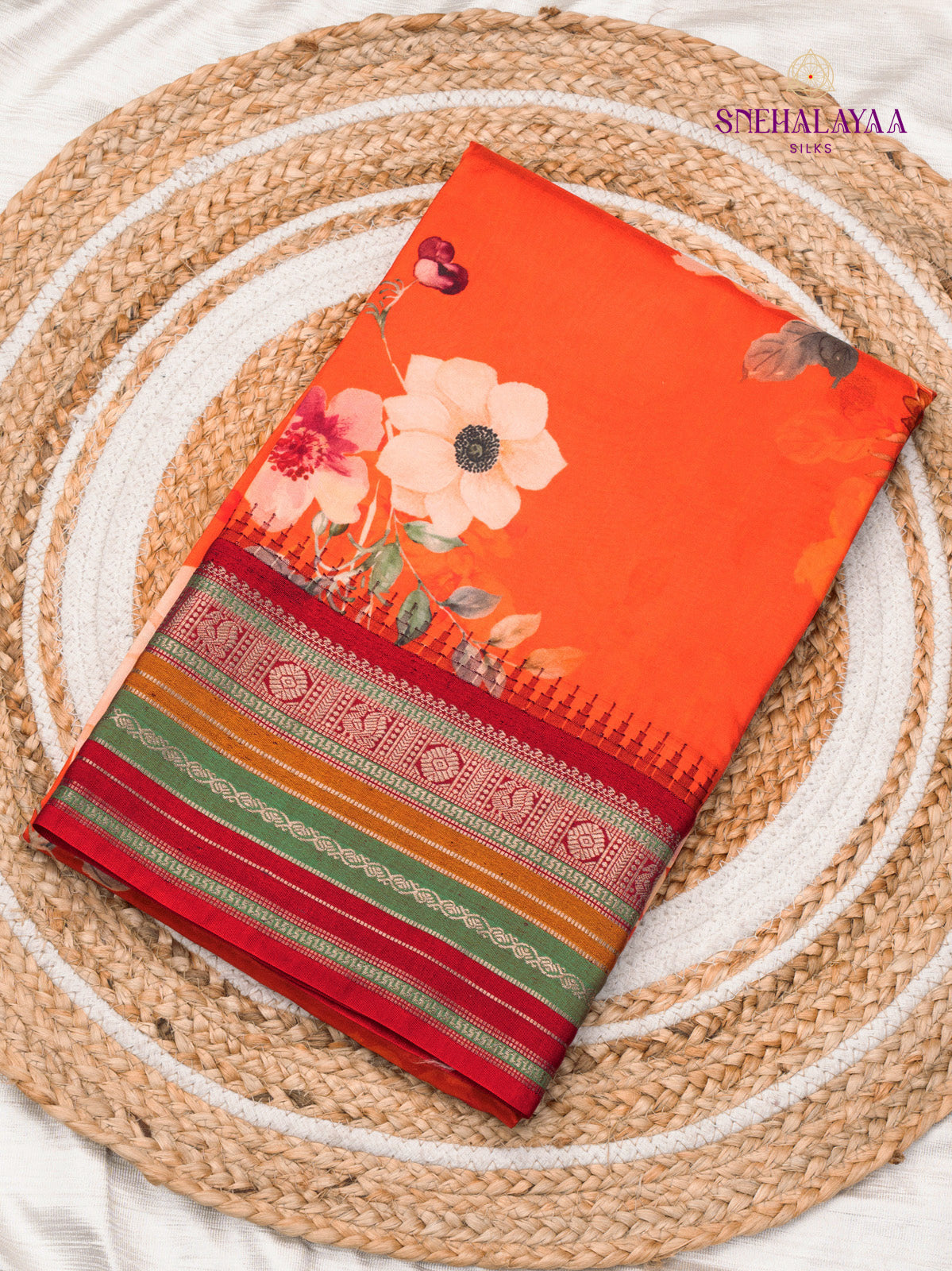 Orange Printed Kanjivaram Silk Saree