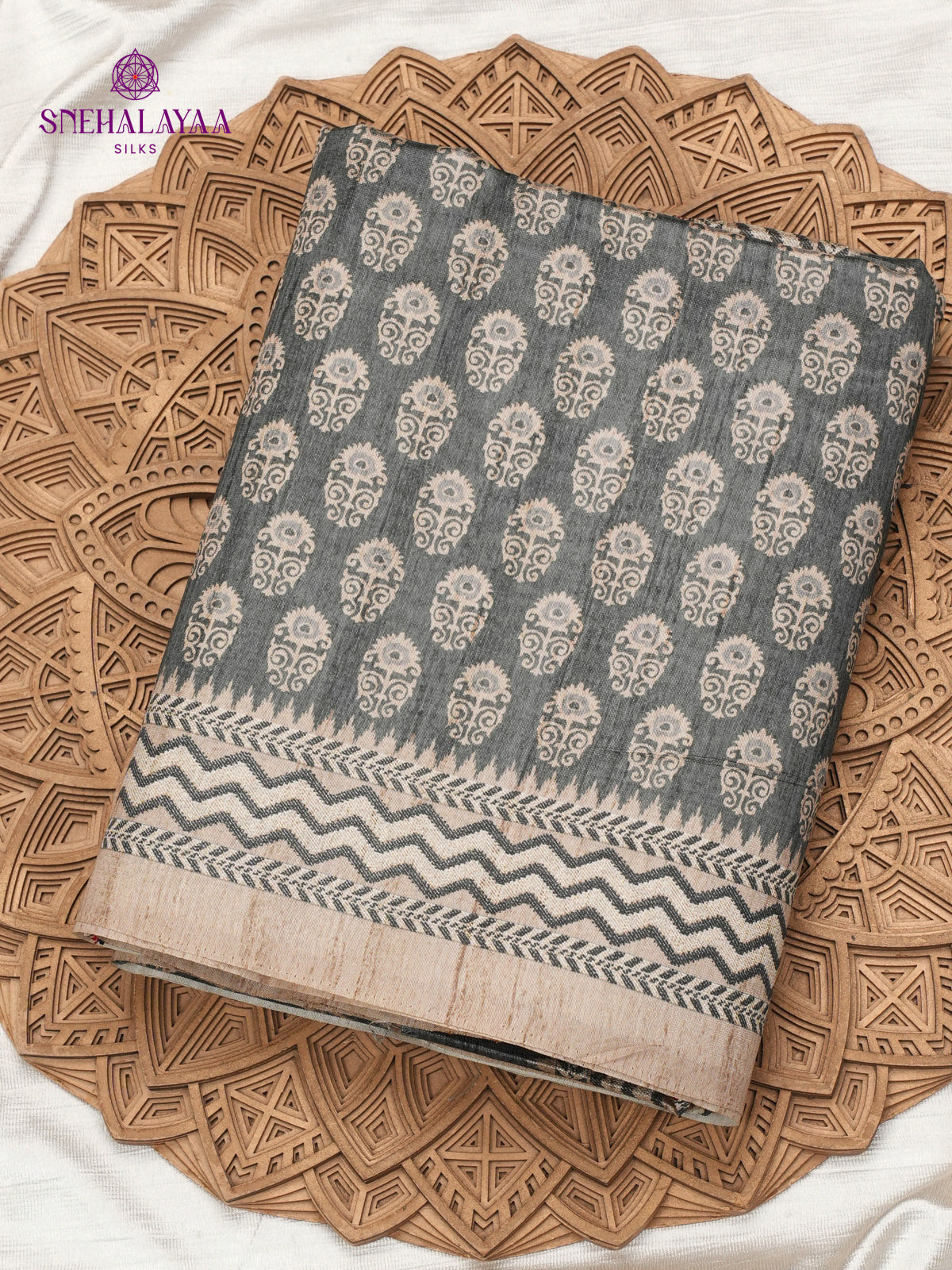 Grey Tussar Embroidery Saree