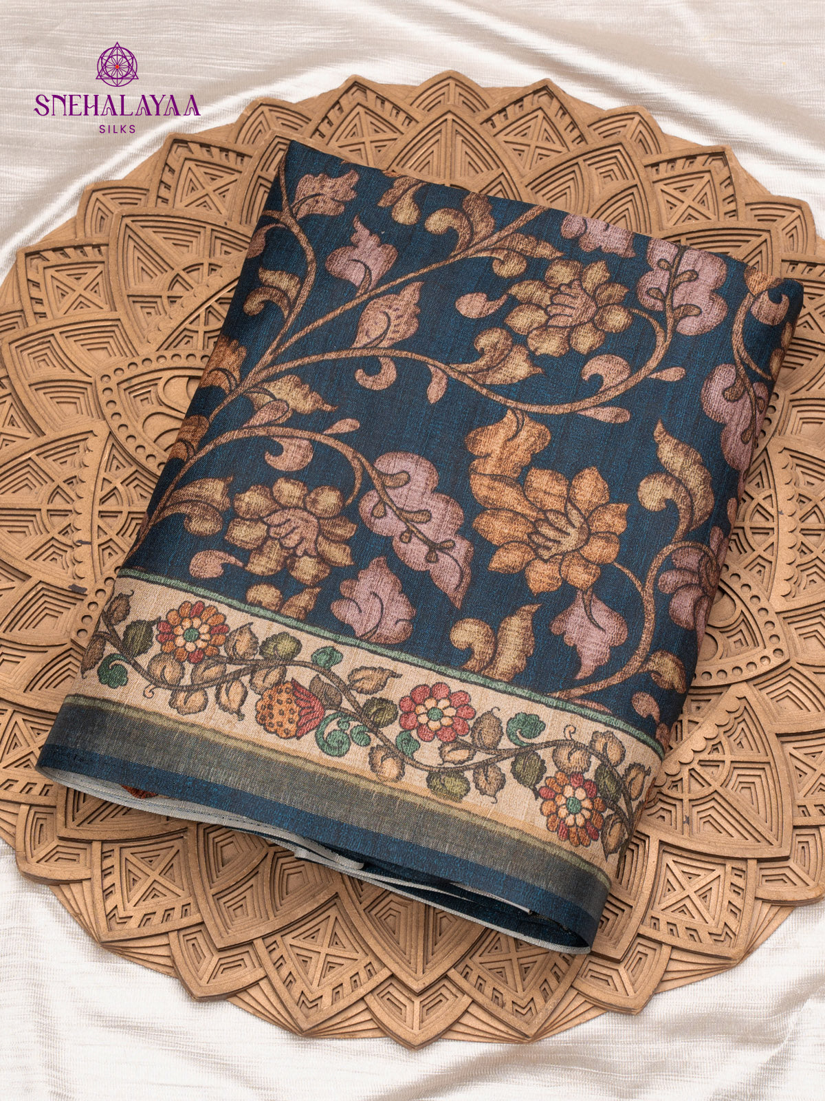 Navy Blue Printed Tussar Saree