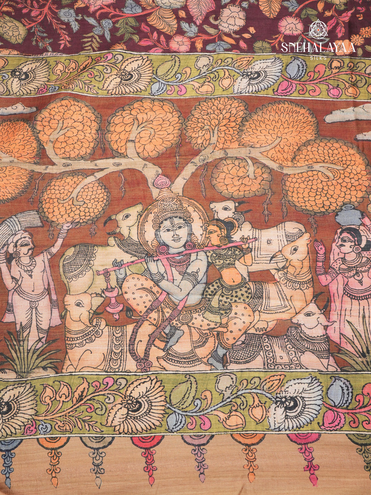 Burgundy Kalamkari Tussar Saree