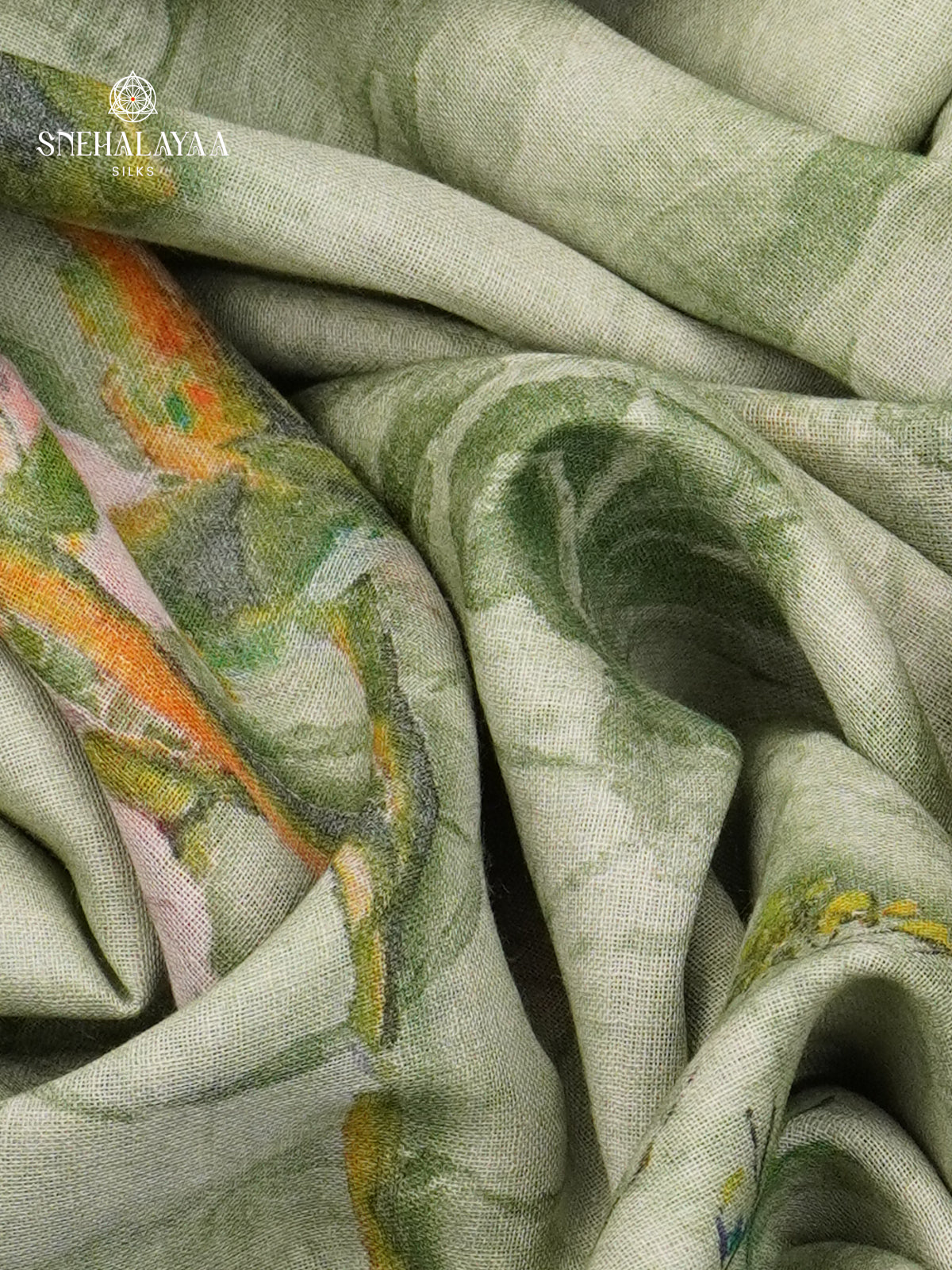 Sage Green Printed Linen Cotton Saree