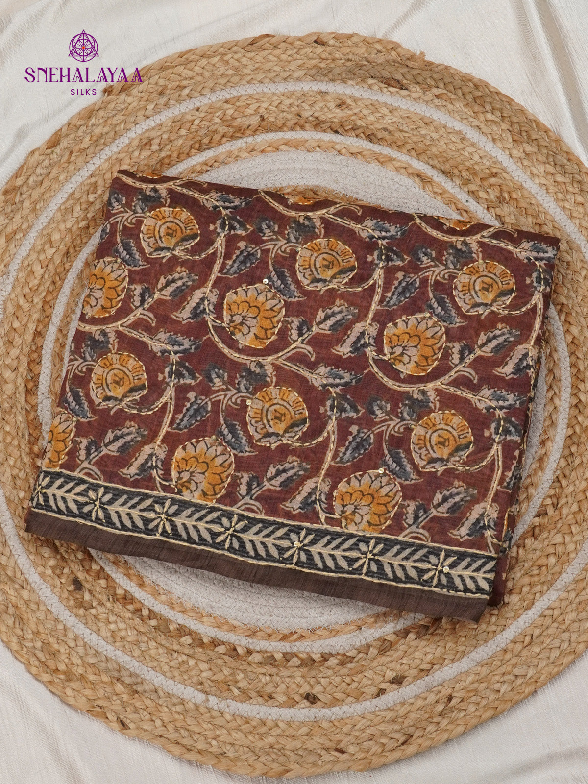 Brown Linen Embroidery Saree