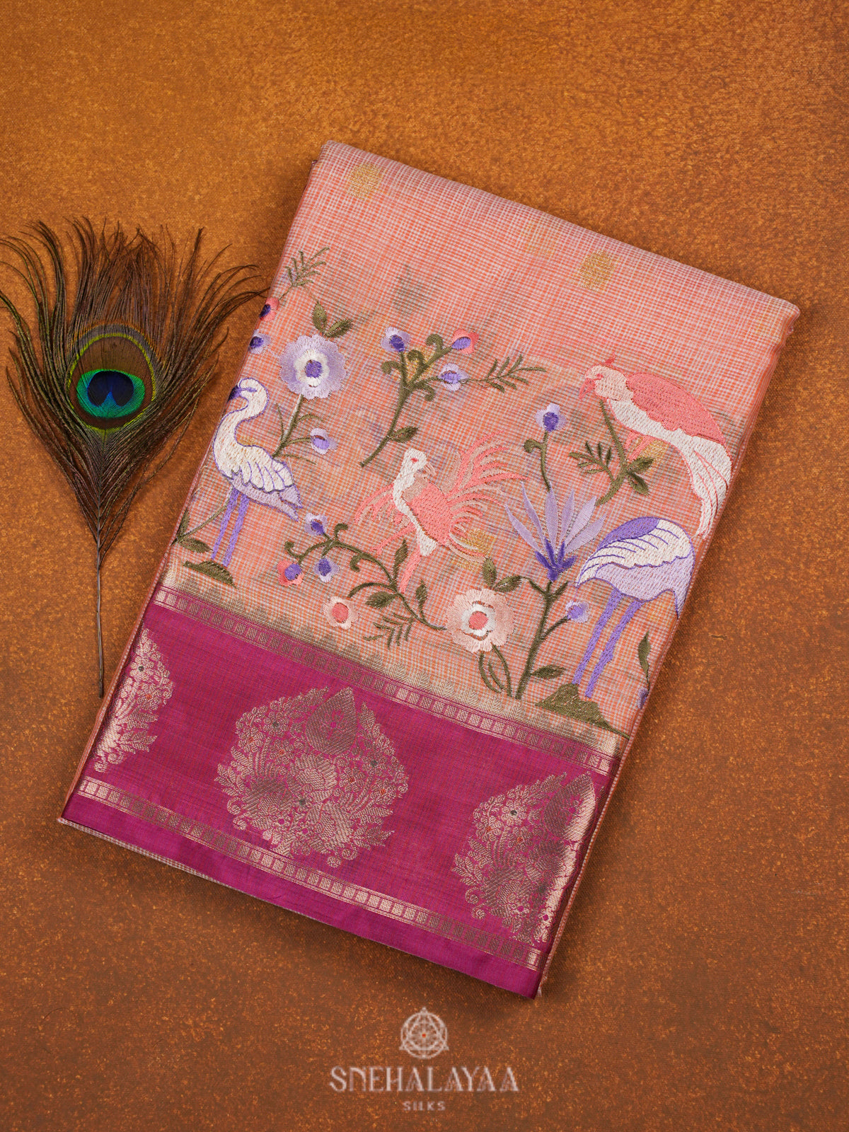 Peach Kota Embroidery Saree