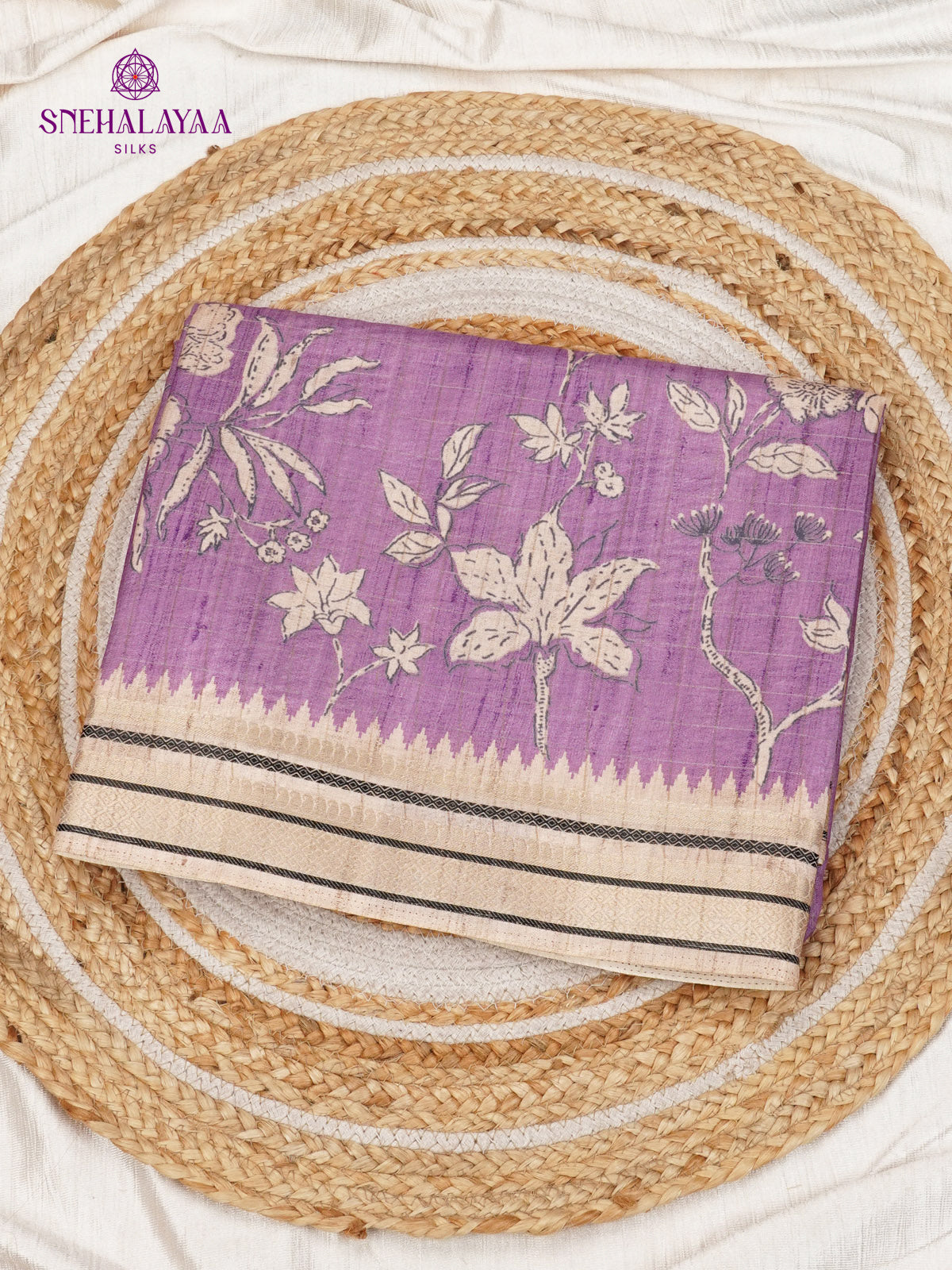 Purple Floral Printed Tussar Saree