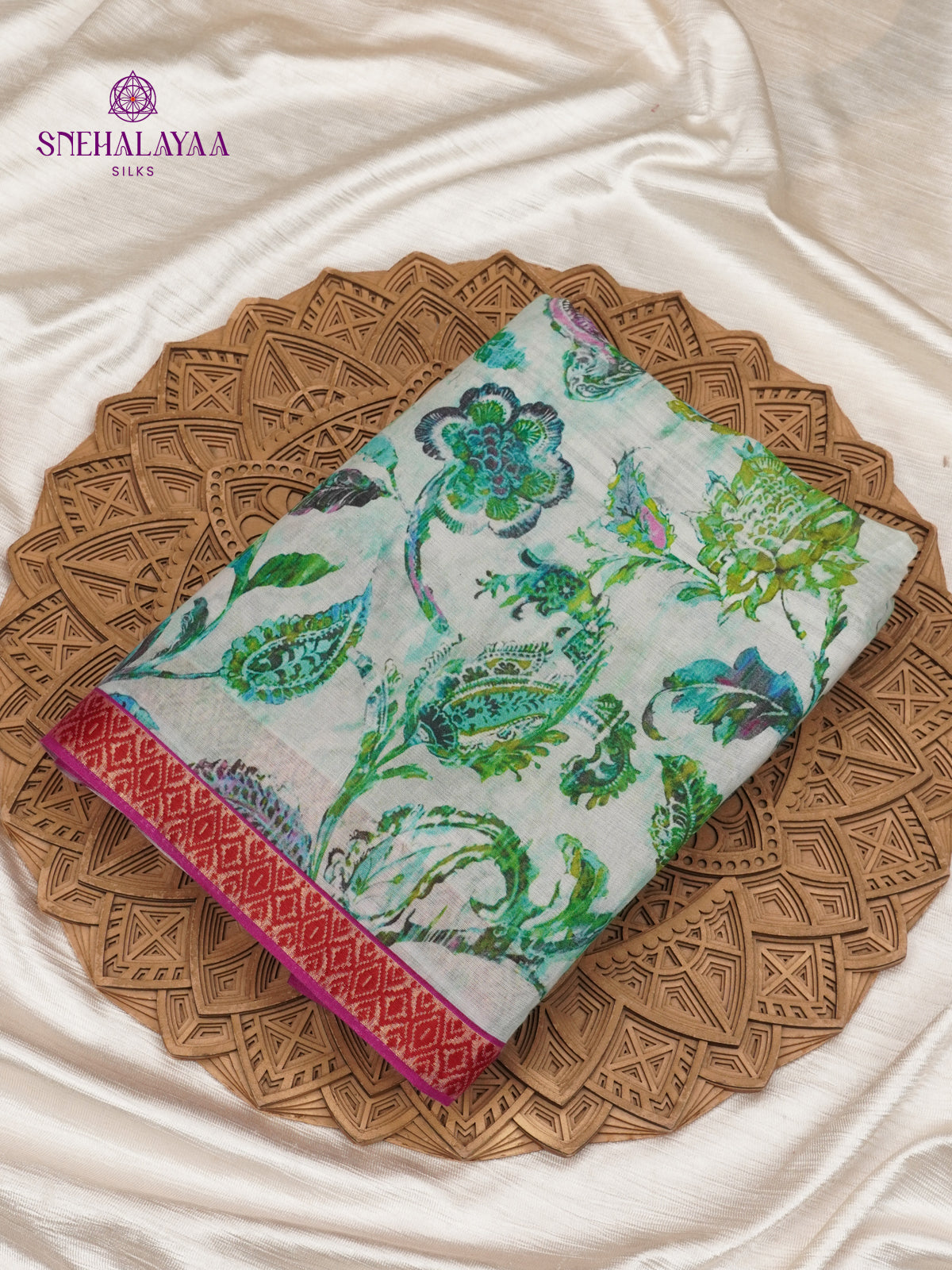 Teal Green Printed Linen Cotton Saree