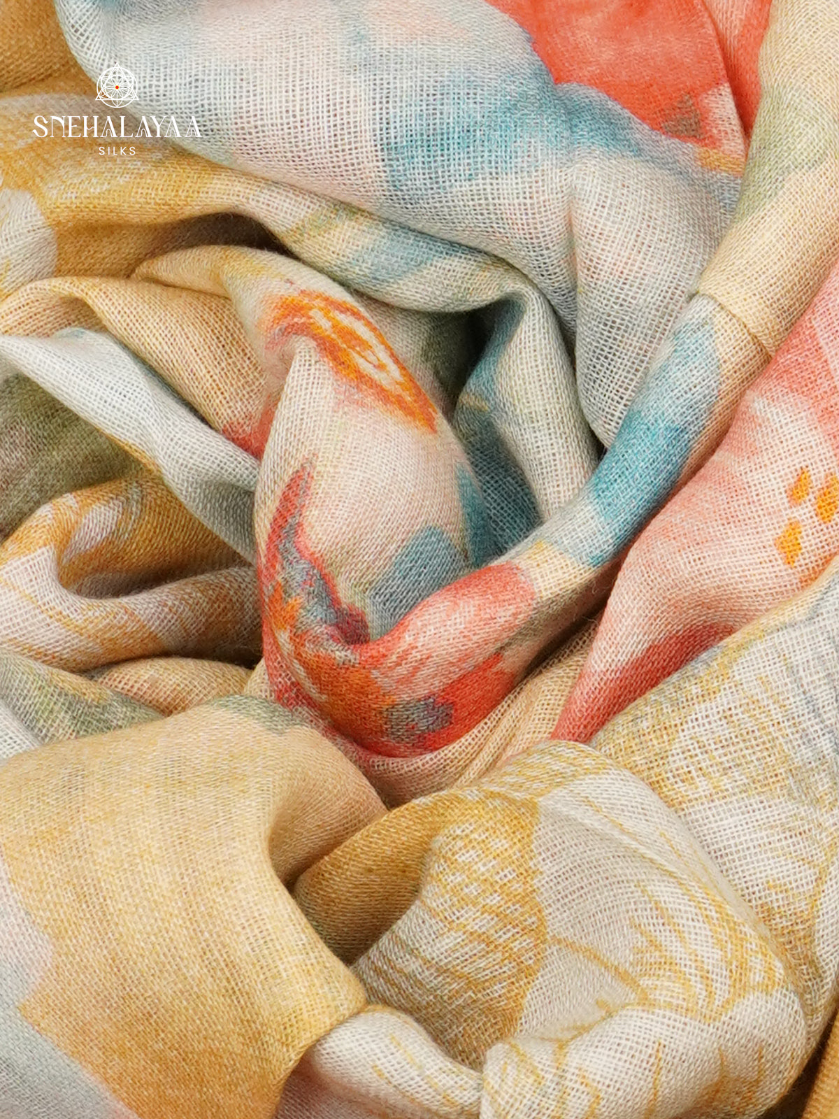 Orange Printed Linen Cotton Saree