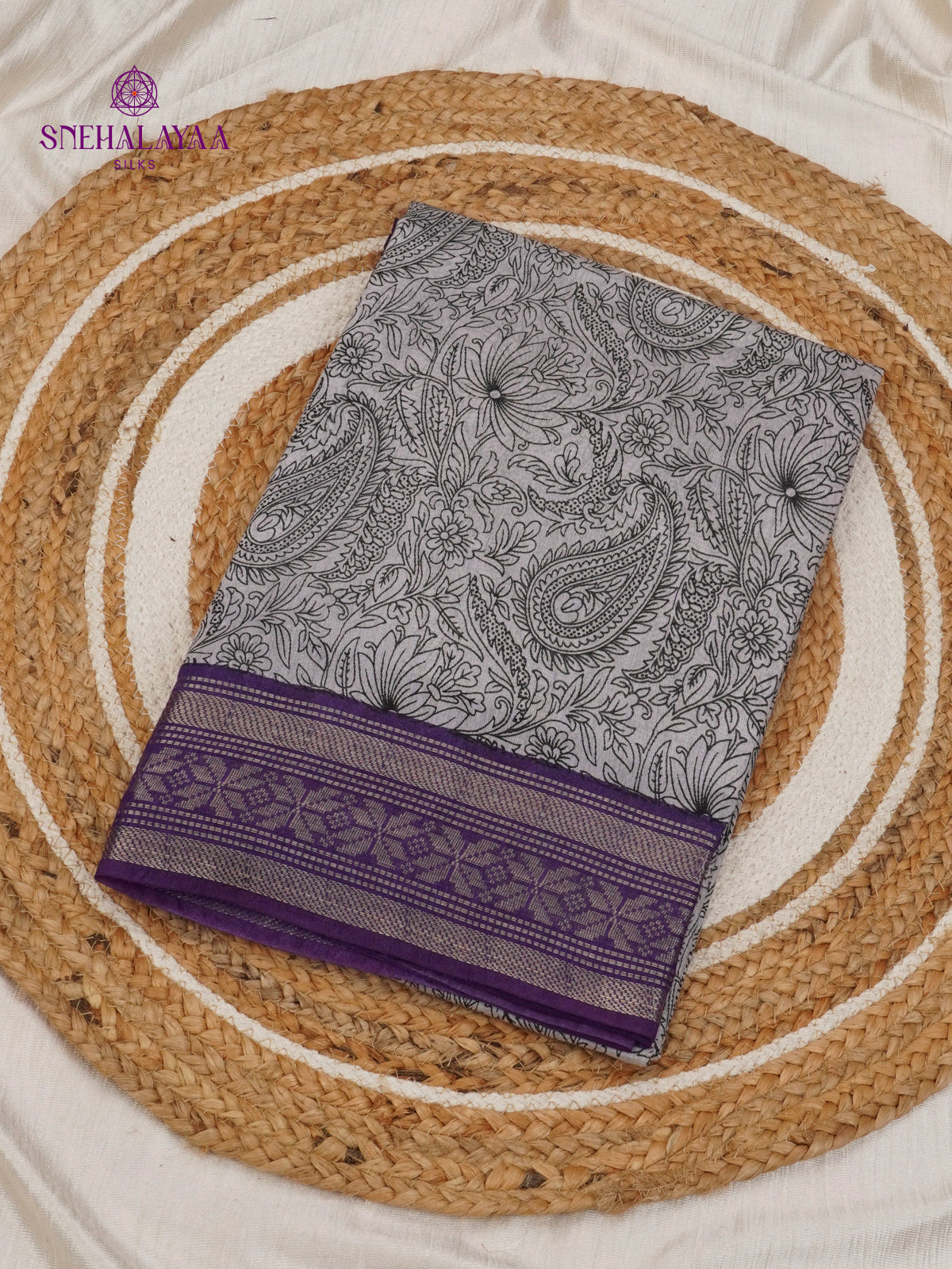 Off-White Kalamkari Saree with Purple Woven Border