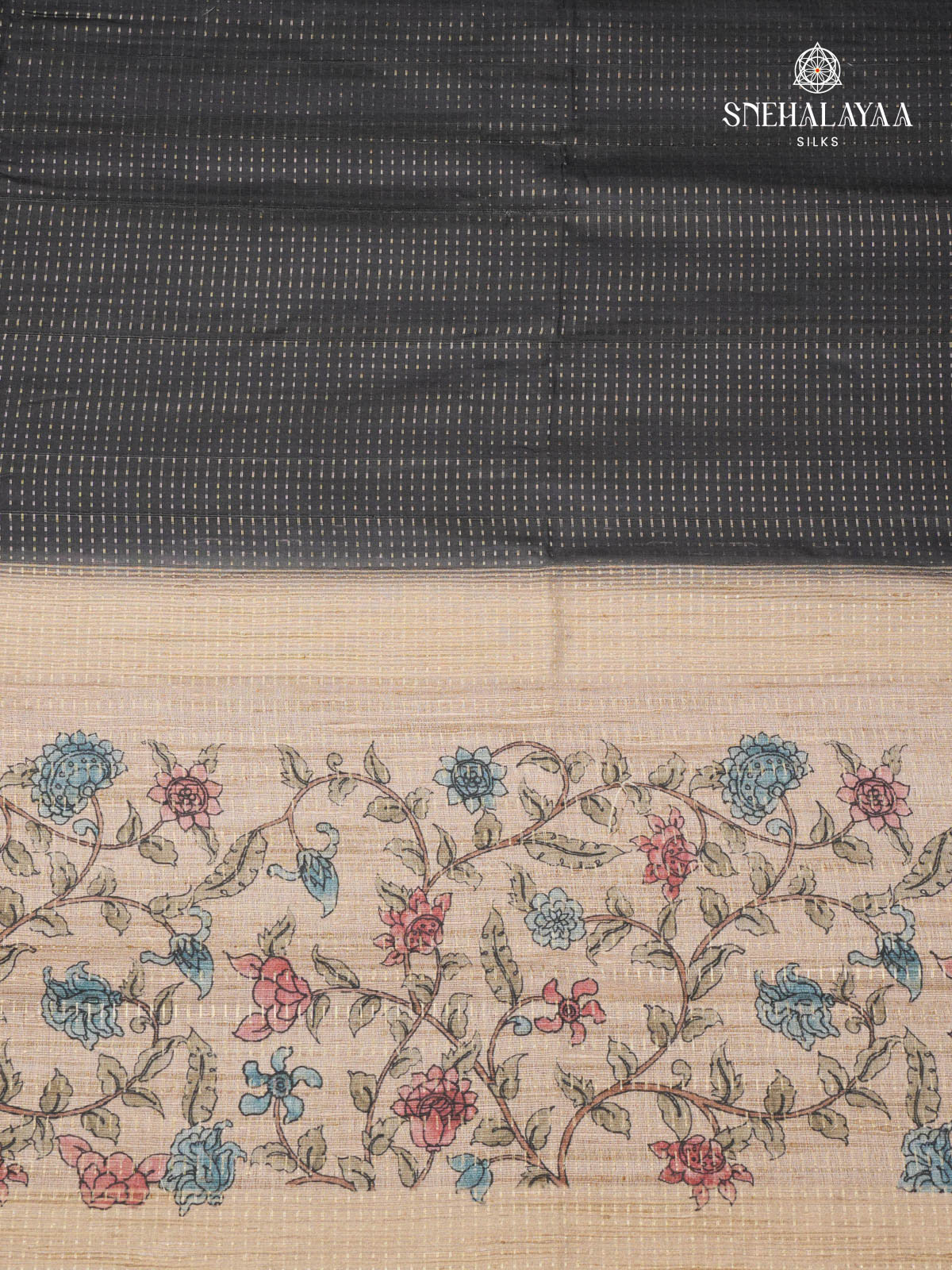 Black Floral Printed Tussar Saree