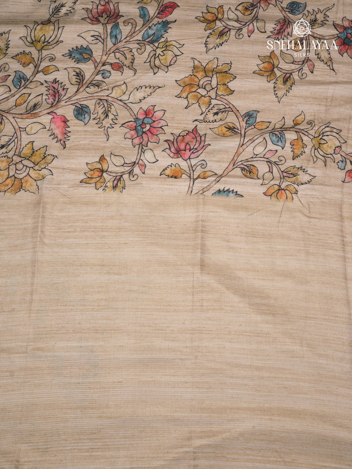 Beige Floral Printed Tussar Saree