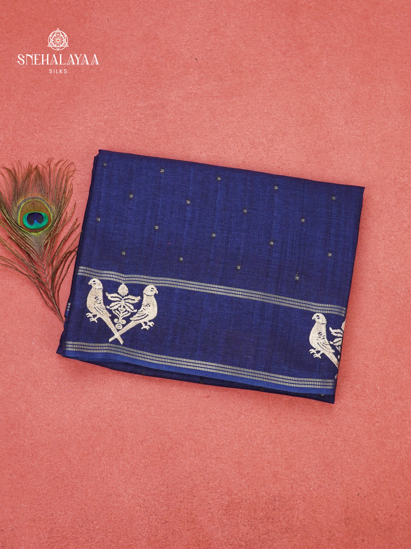 Navy Blue Munga Tussar Embroidery Saree
