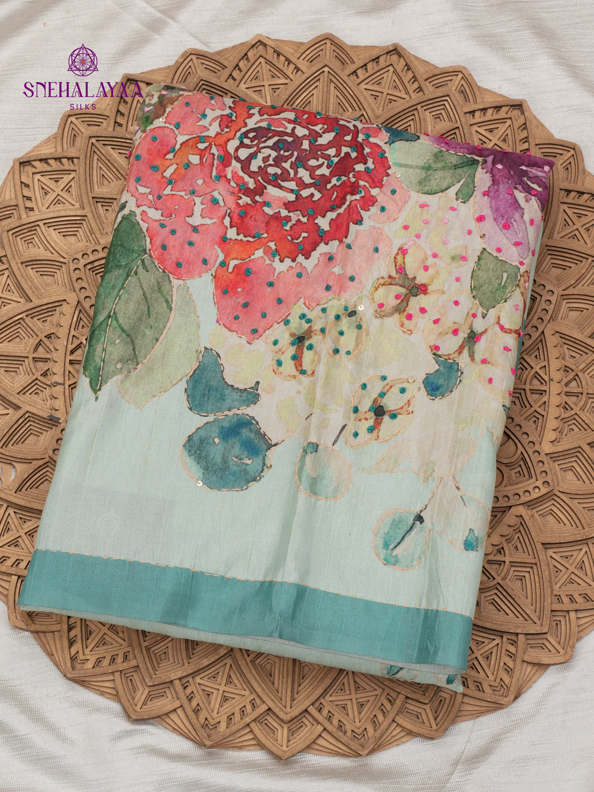 Pastel Green Tussar Embroidery Saree