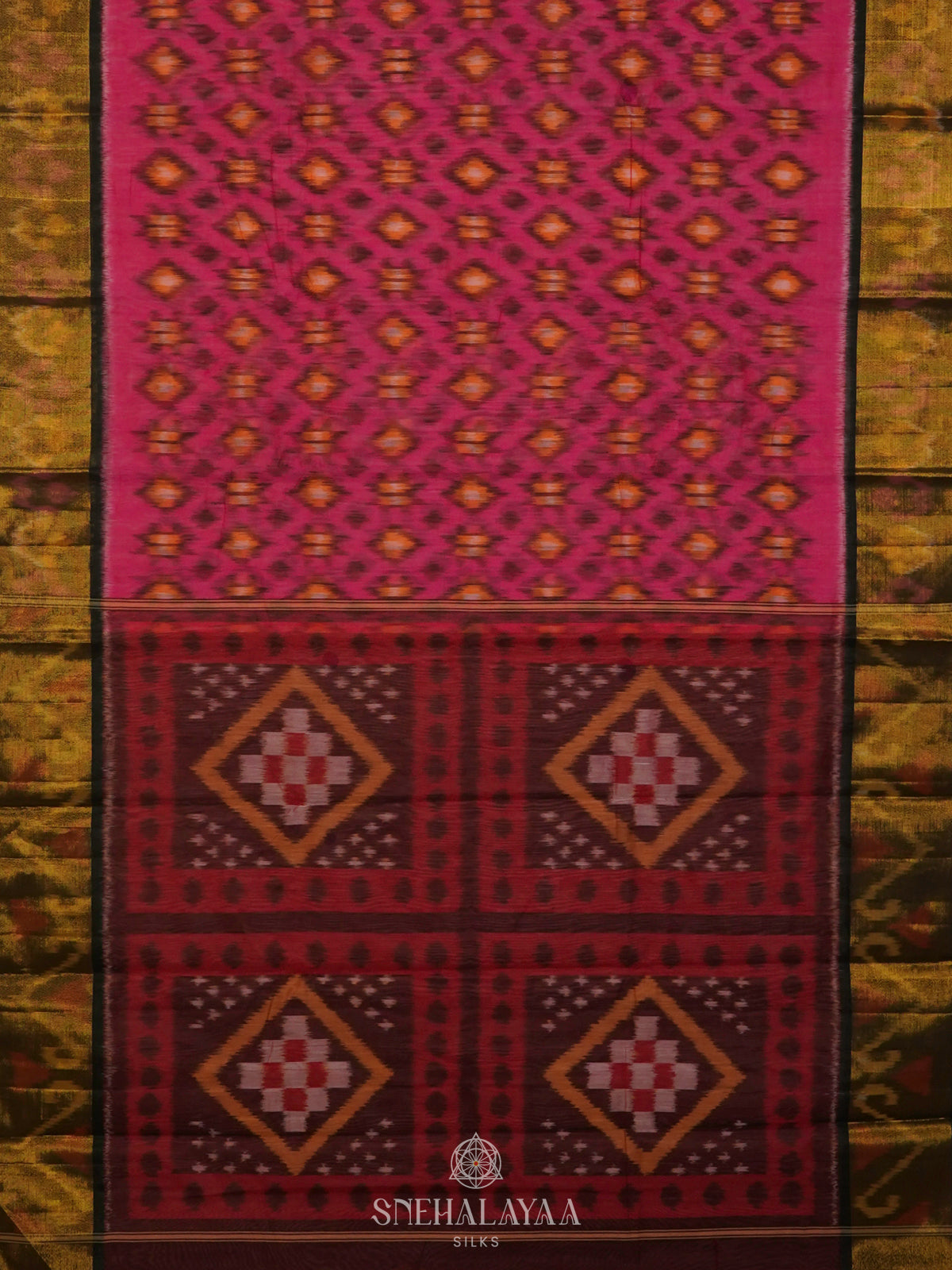 Pink Ikat Silk Cotton Saree with Traditional Woven Border