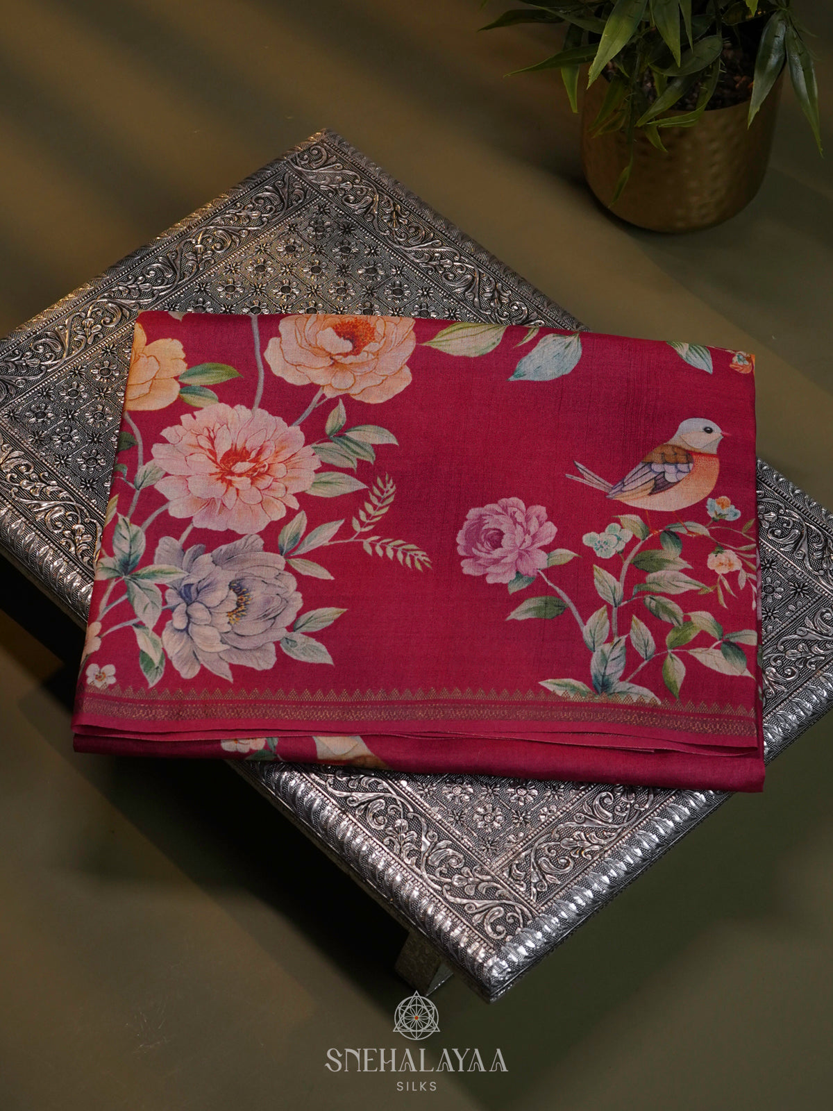 Cherry Red Tussar Saree