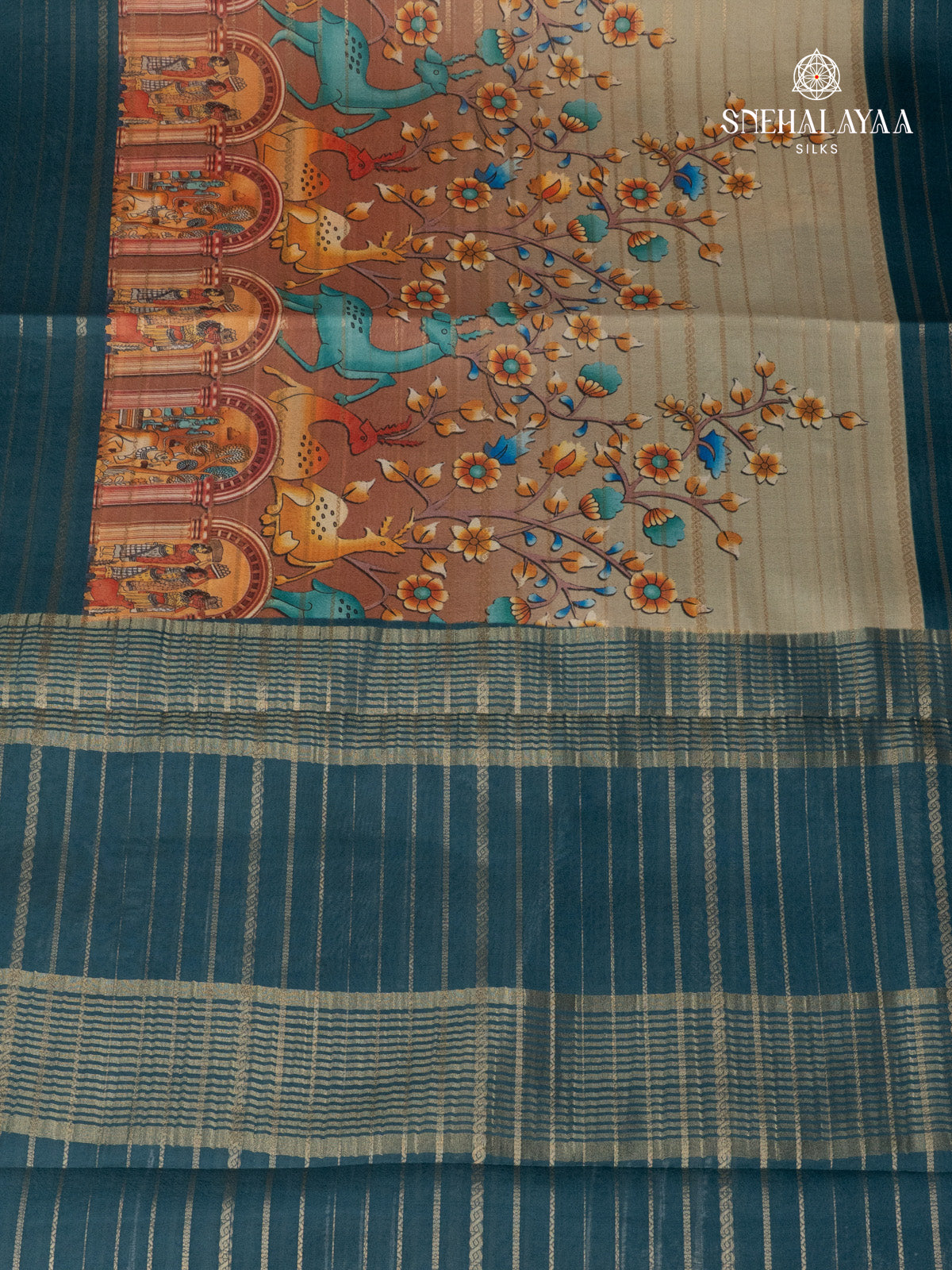 Beige Printed Mysore Silk Saree