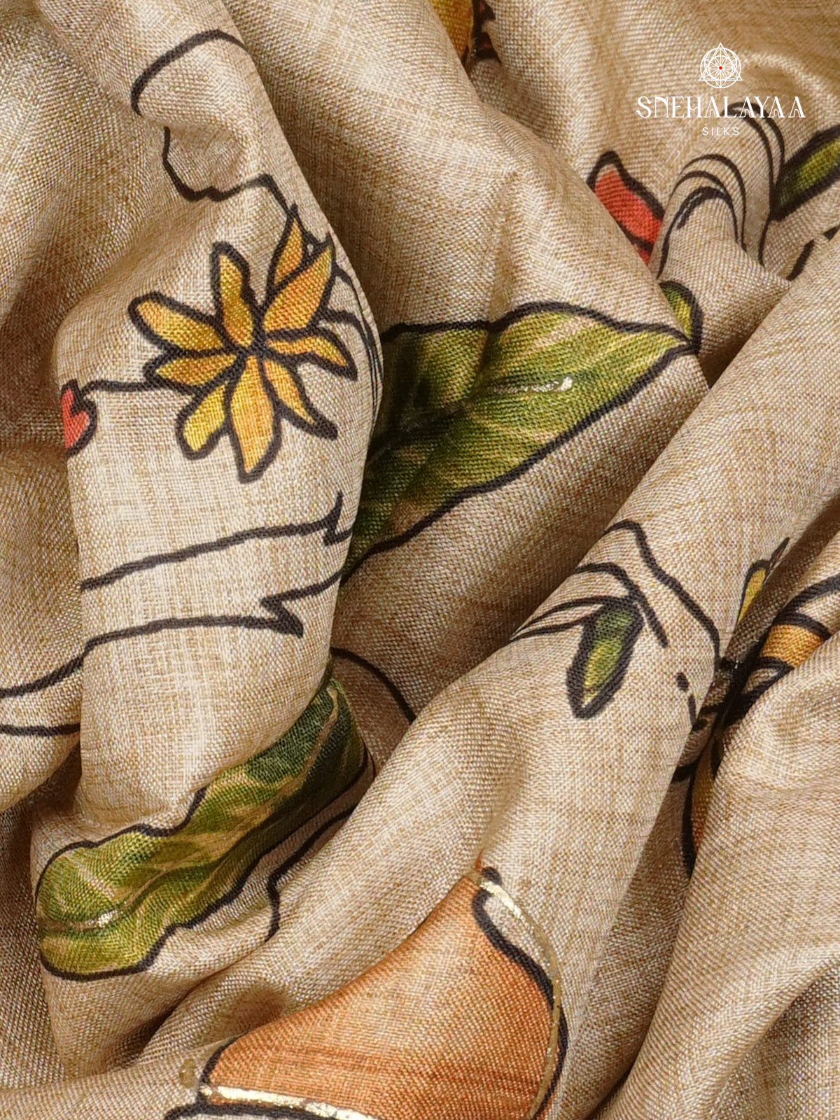 Beige With Mustard Border Floral Printed Tussar Saree