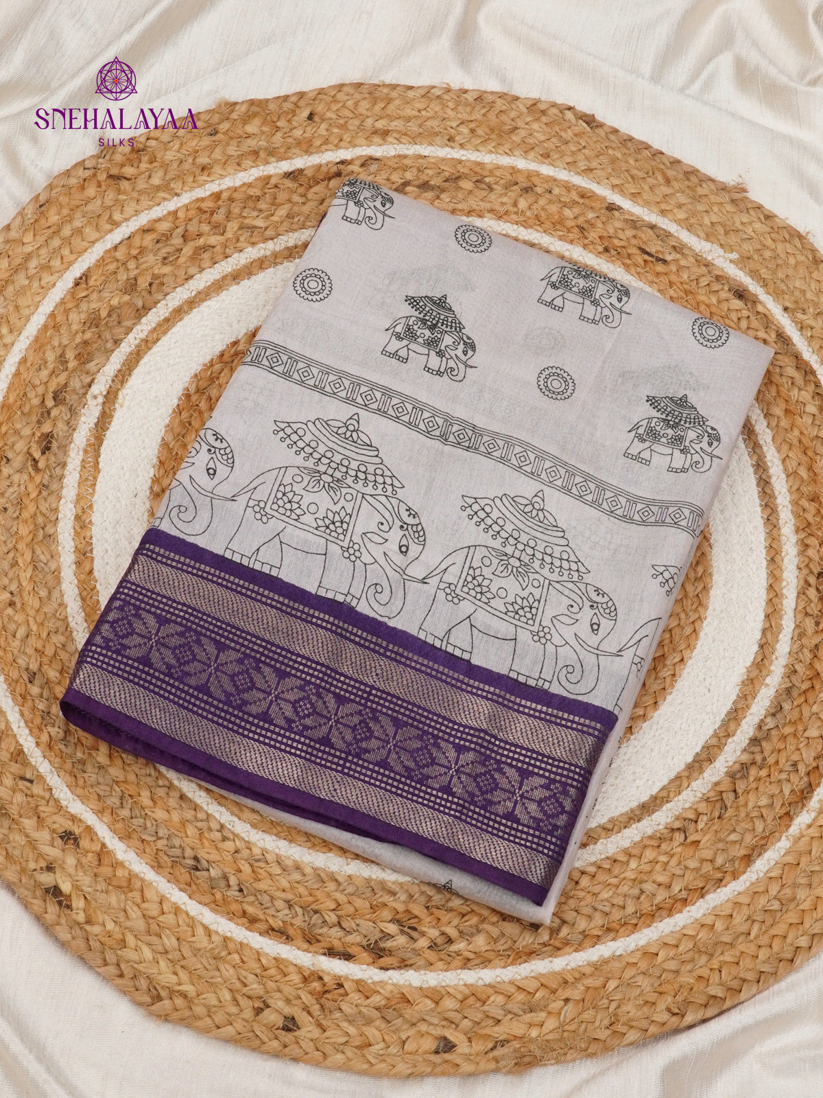 Off-White Kalamkari Saree with Purple Woven Border