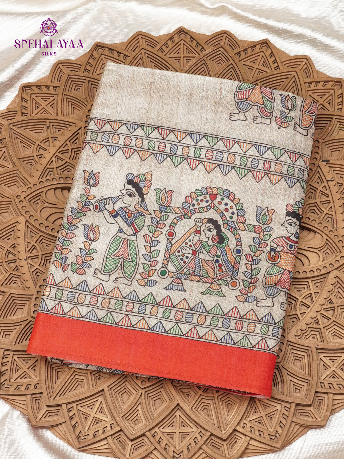 Beige with Red Border Madhubani Saree