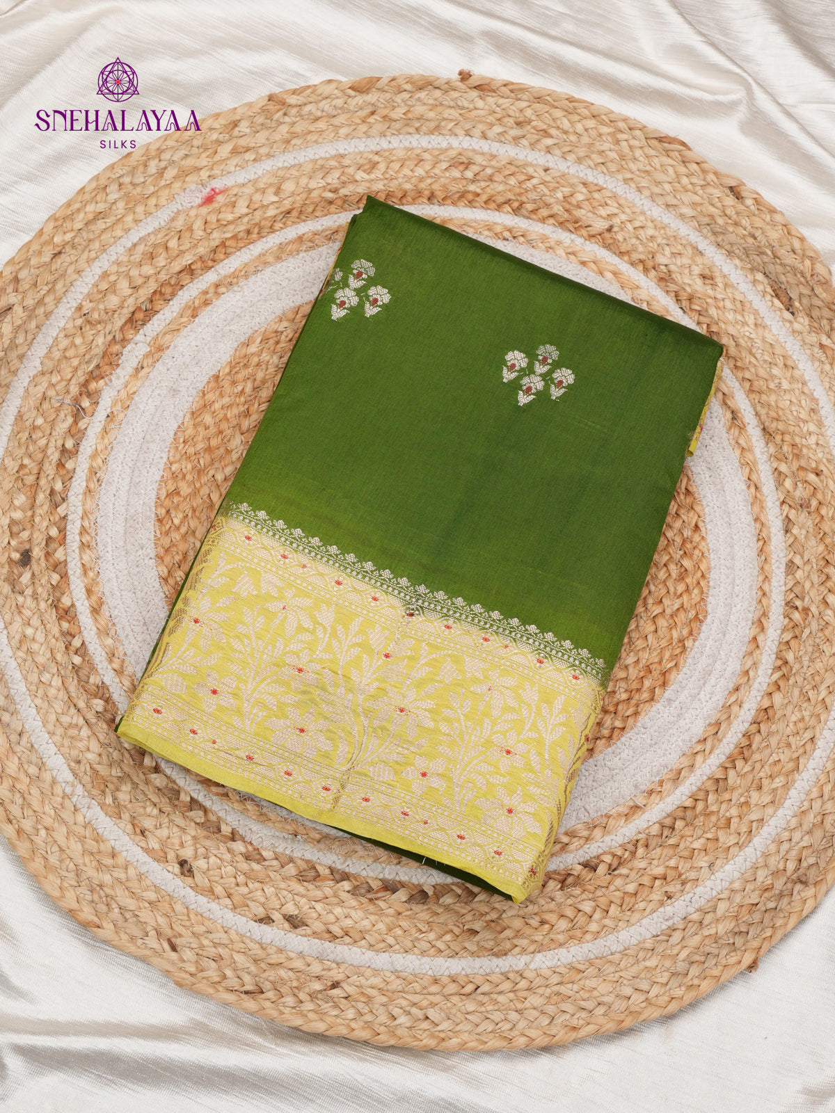 Bottle Green Chiniya Silk Saree with Lemon Yellow Woven Border