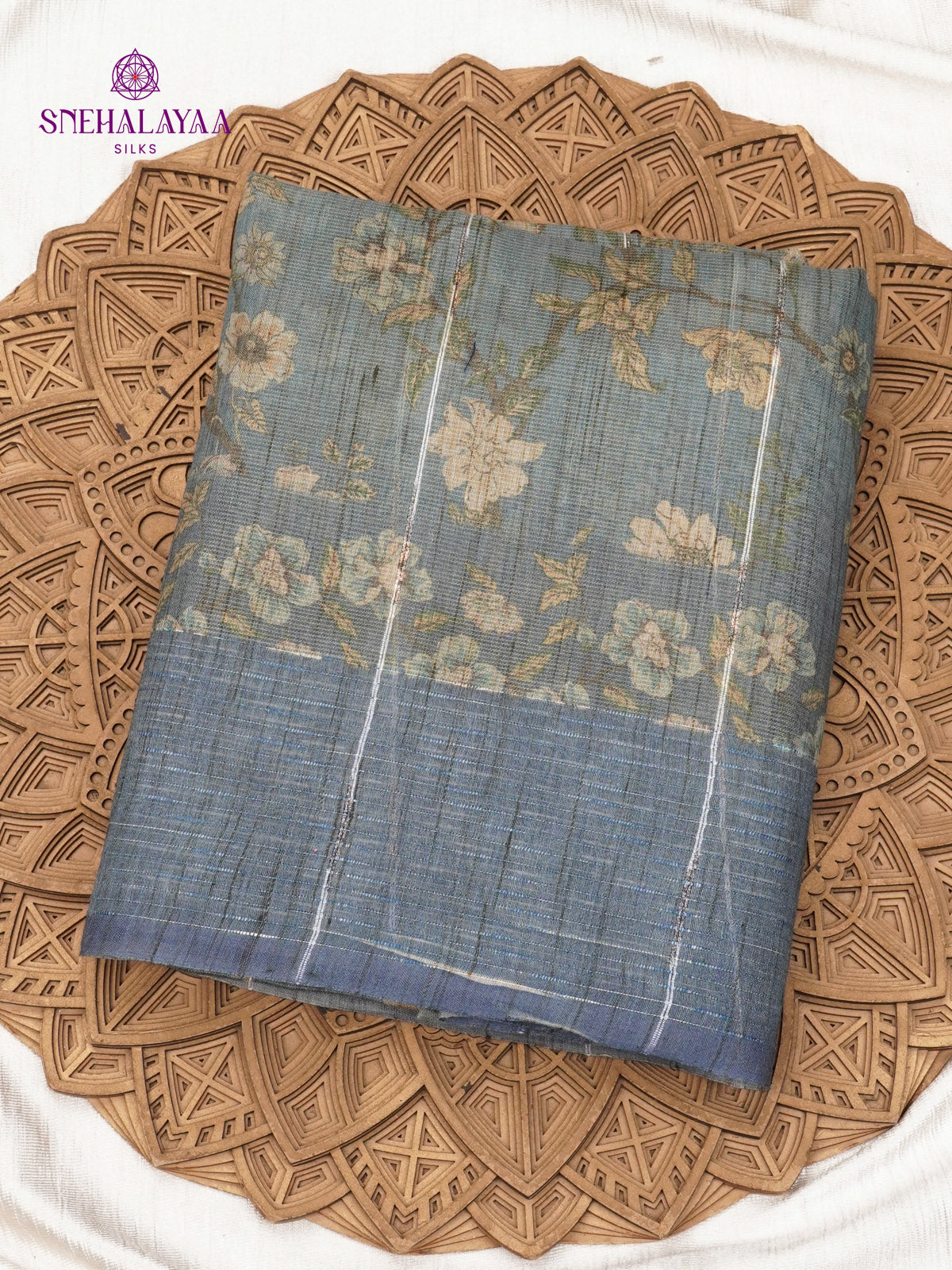 SeaFoam Blue Floral Printed Tussar Saree