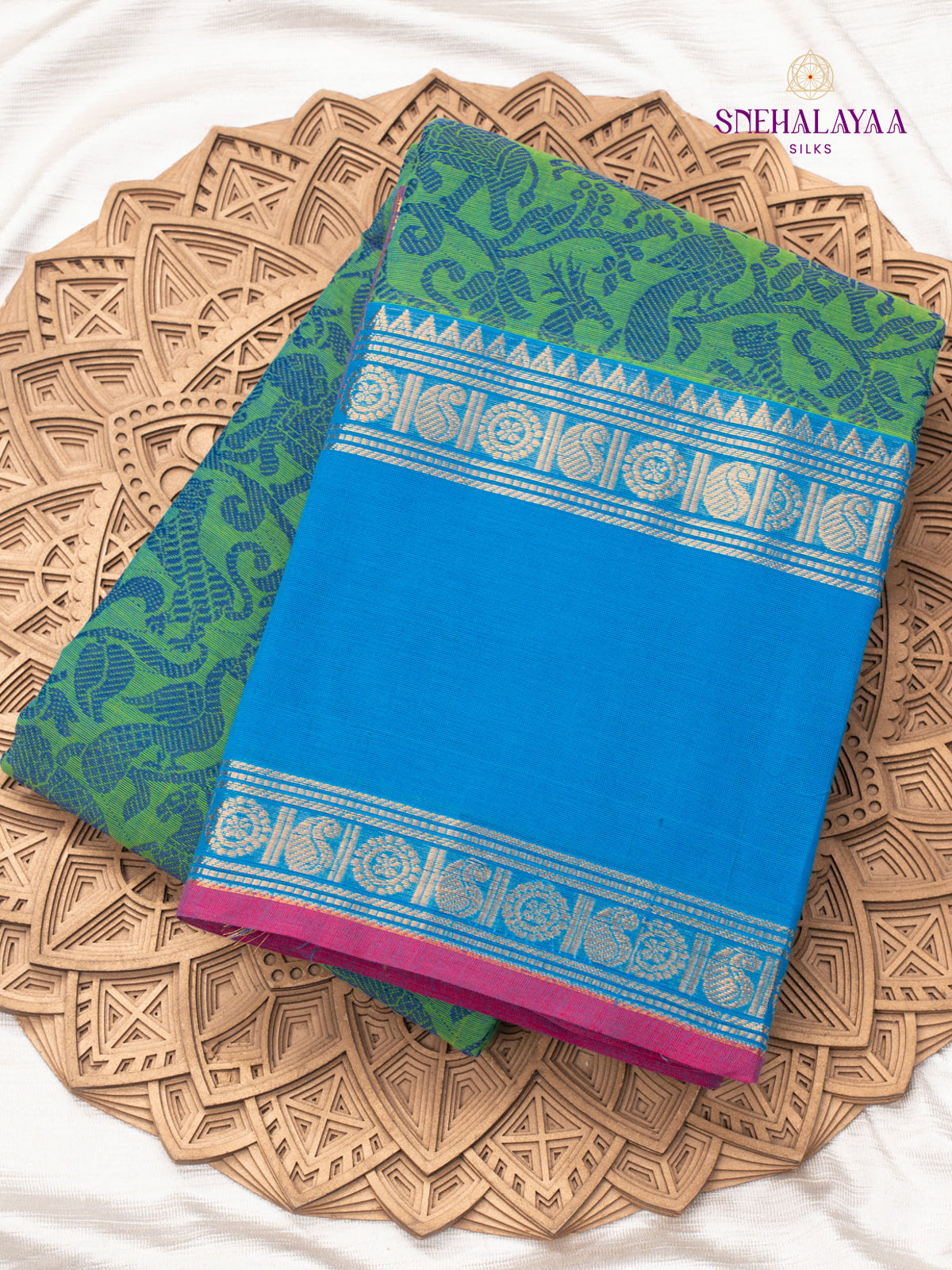 Chettinad Cotton Saree - Green and Red with Thread Border