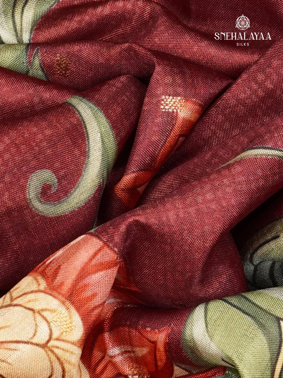Marron Floral Printed Tussar Saree