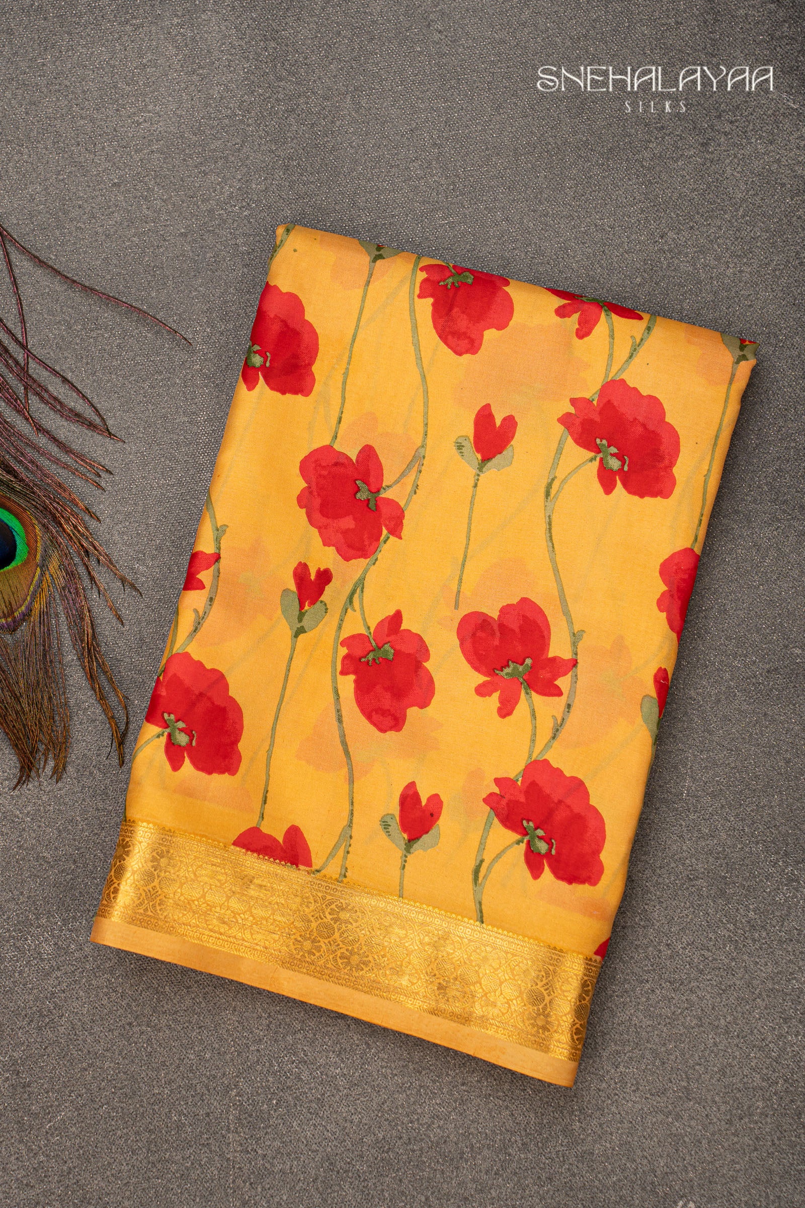 Yellow Printed Mysore Silk Saree