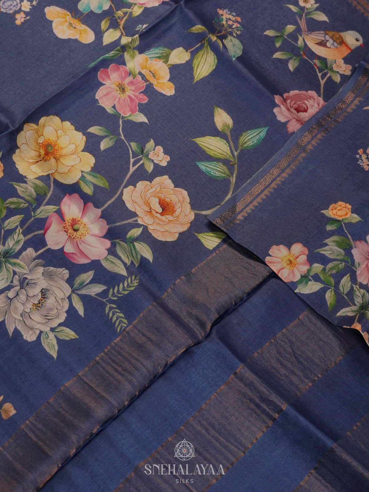 Navy Blue Tussar Saree