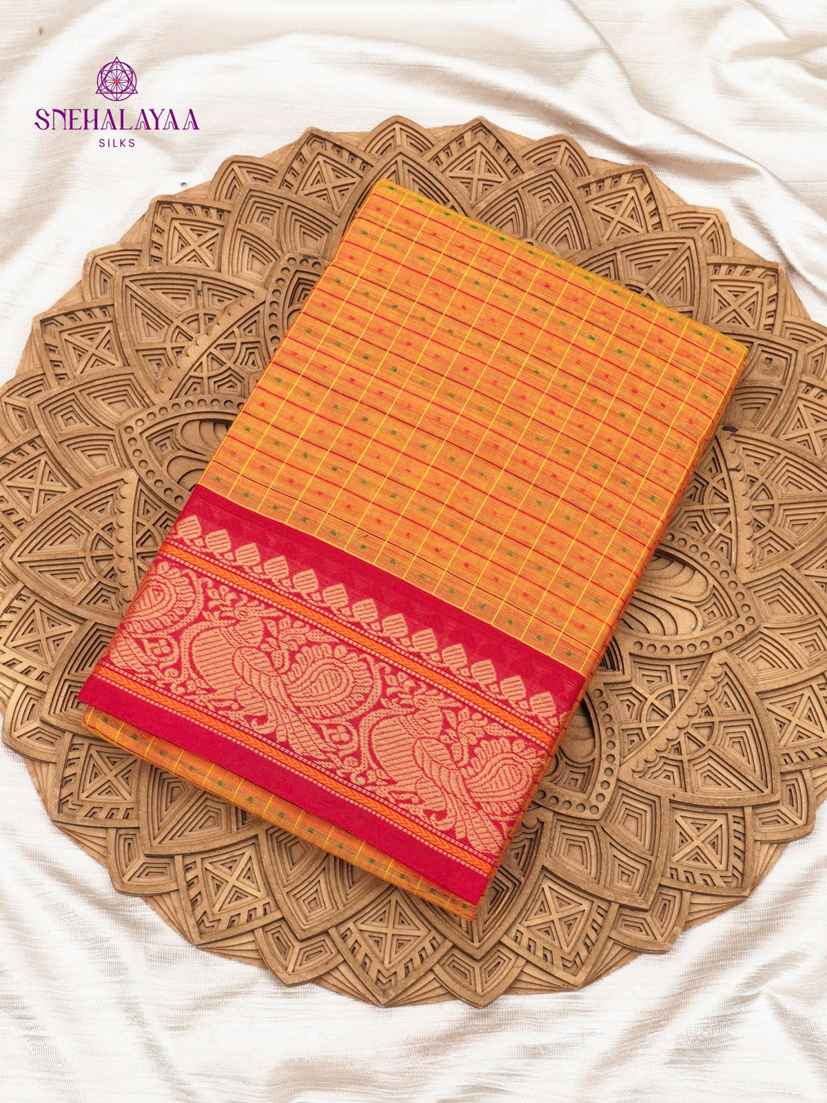 Mustard Checked Chettinad Cotton Saree
