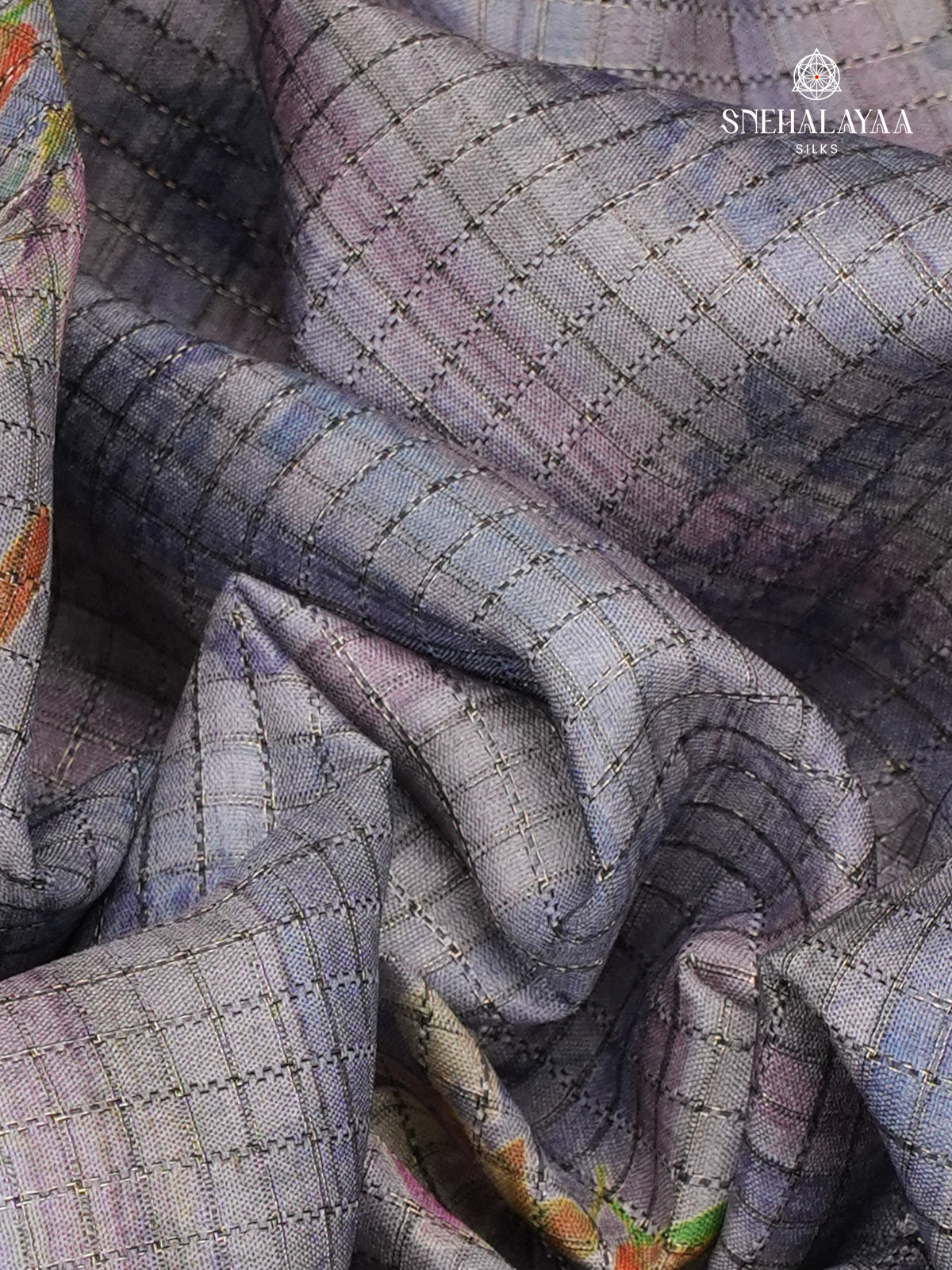 Blue Floral Printed Tussar Saree