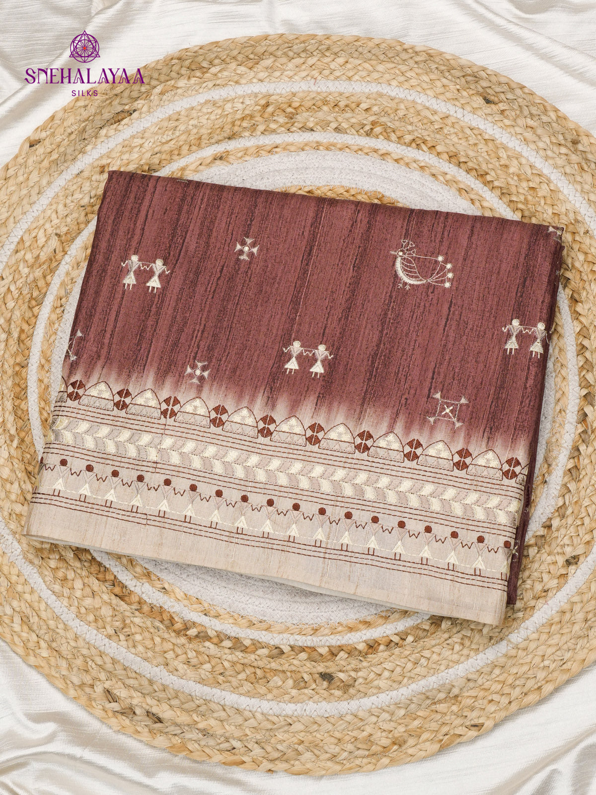 Brown Tussar Embroidery Saree