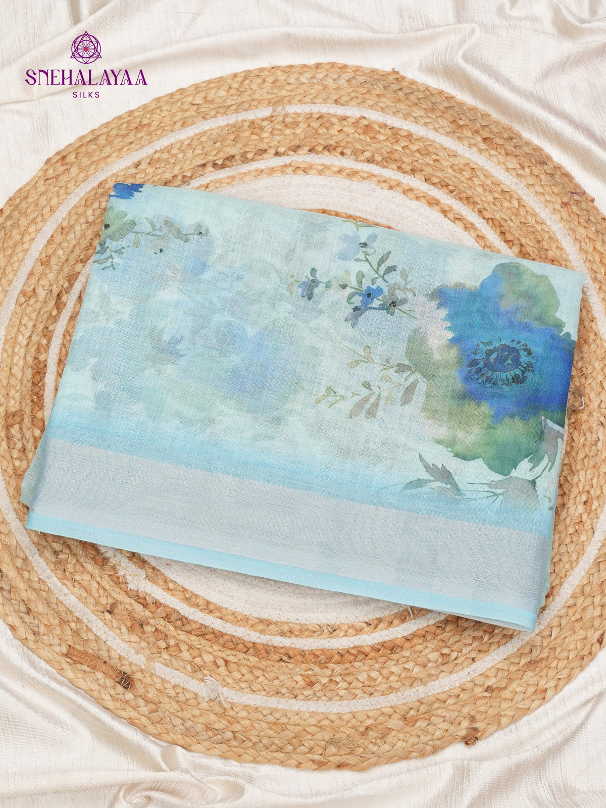 Pastel Blue Printed Linen Saree