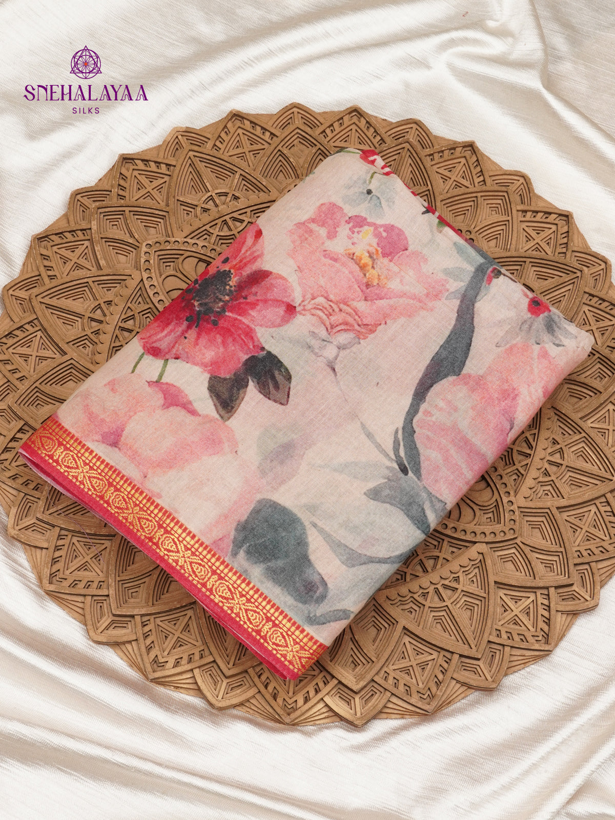 Cream Printed Linen Cotton Saree