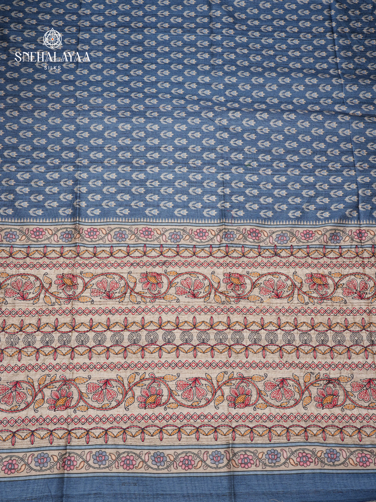 Blue Tussar Embroidery Saree