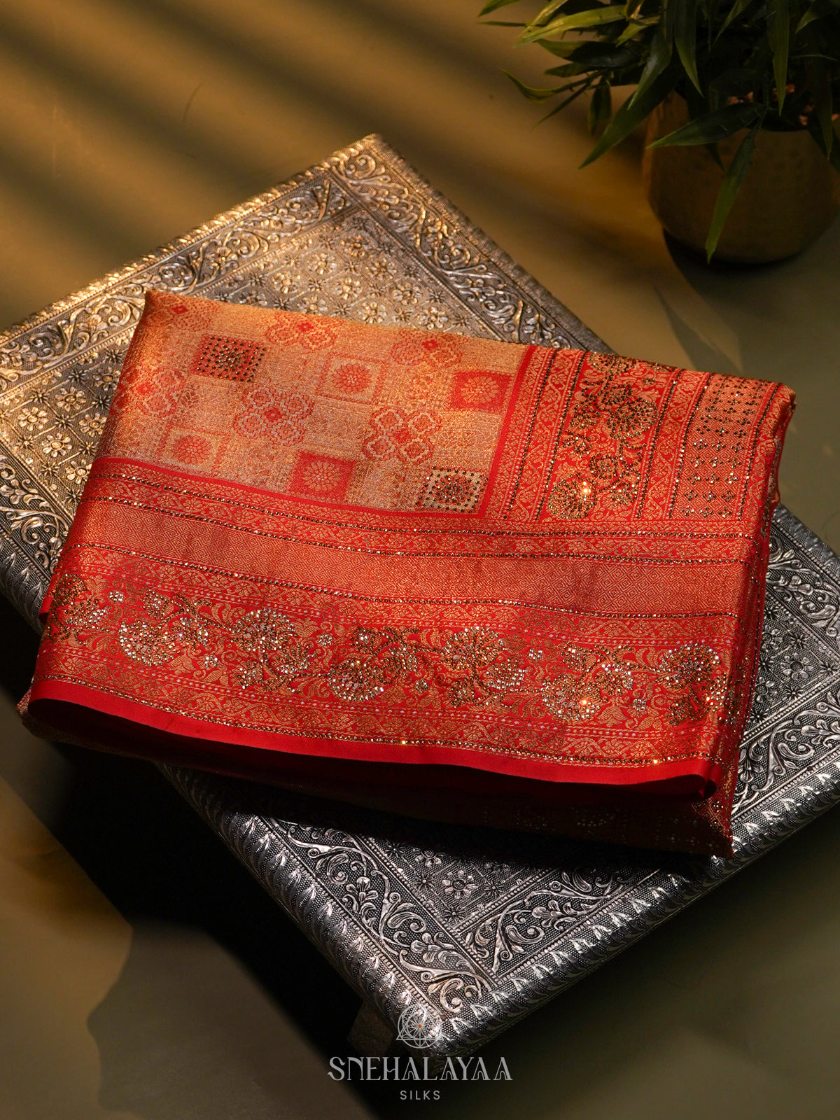 Pale Orange Banaras Designer Saree with Red Border