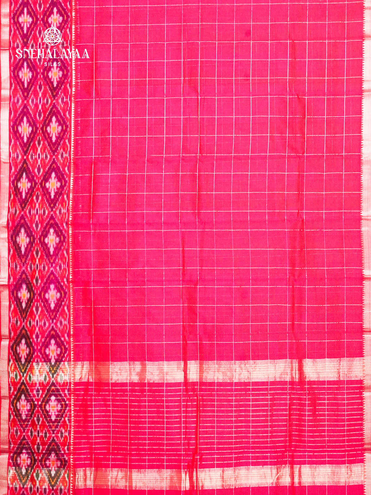 Rani Pink Mangalagiri Silk Cotton Saree with Ikat Border