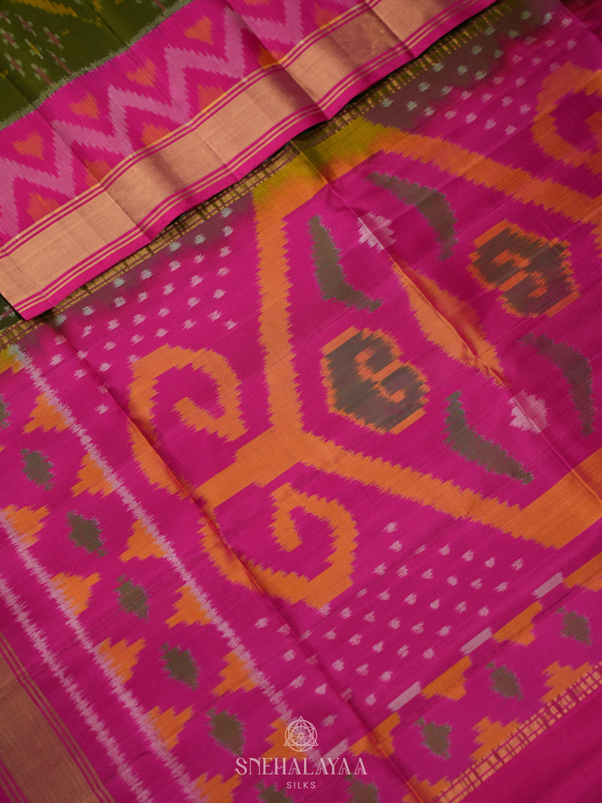 Olive Green Ikat Soft Silk Saree