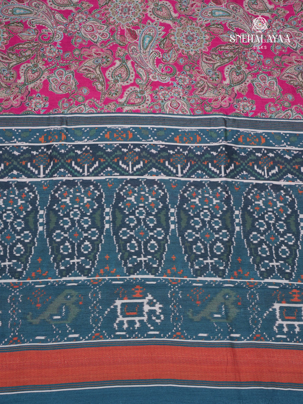 Rani Pink Floral Printed Tussar Saree