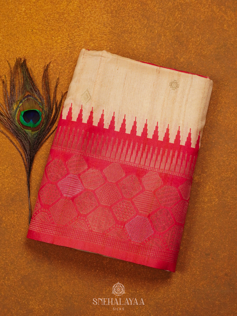 Cream With Pink Border Tussar Saree