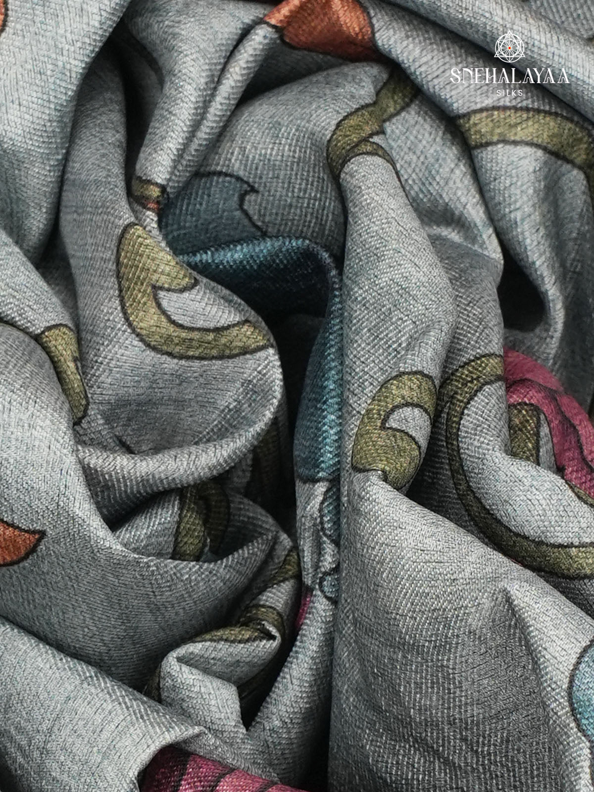 Grey Floral Printed Tussar Saree