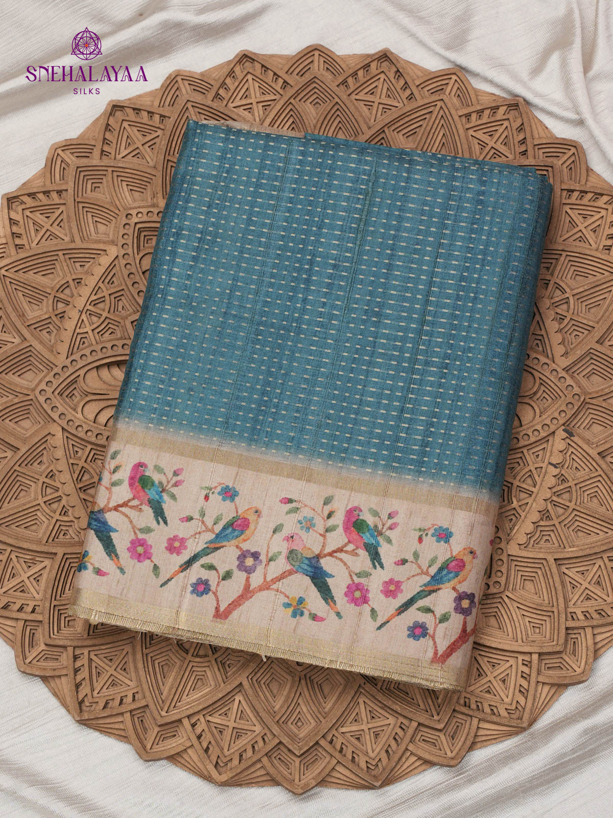 Teal Green Printed Tussar Saree