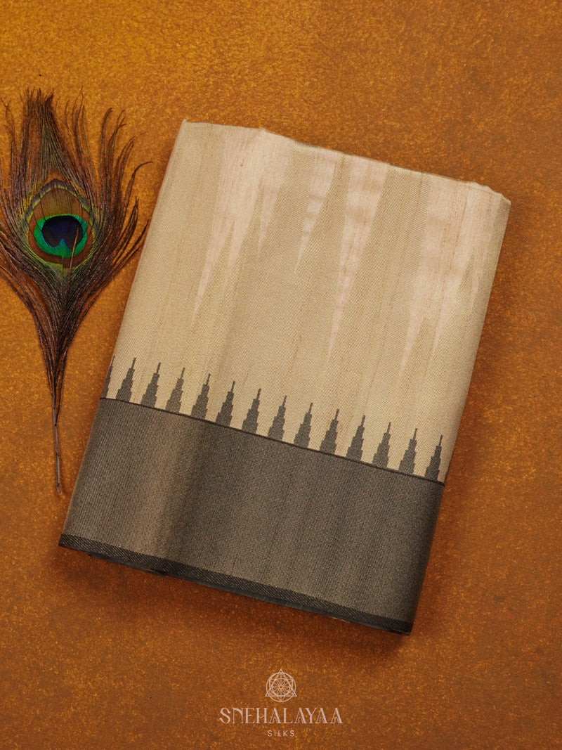 Cream With Black Border Tussar Saree
