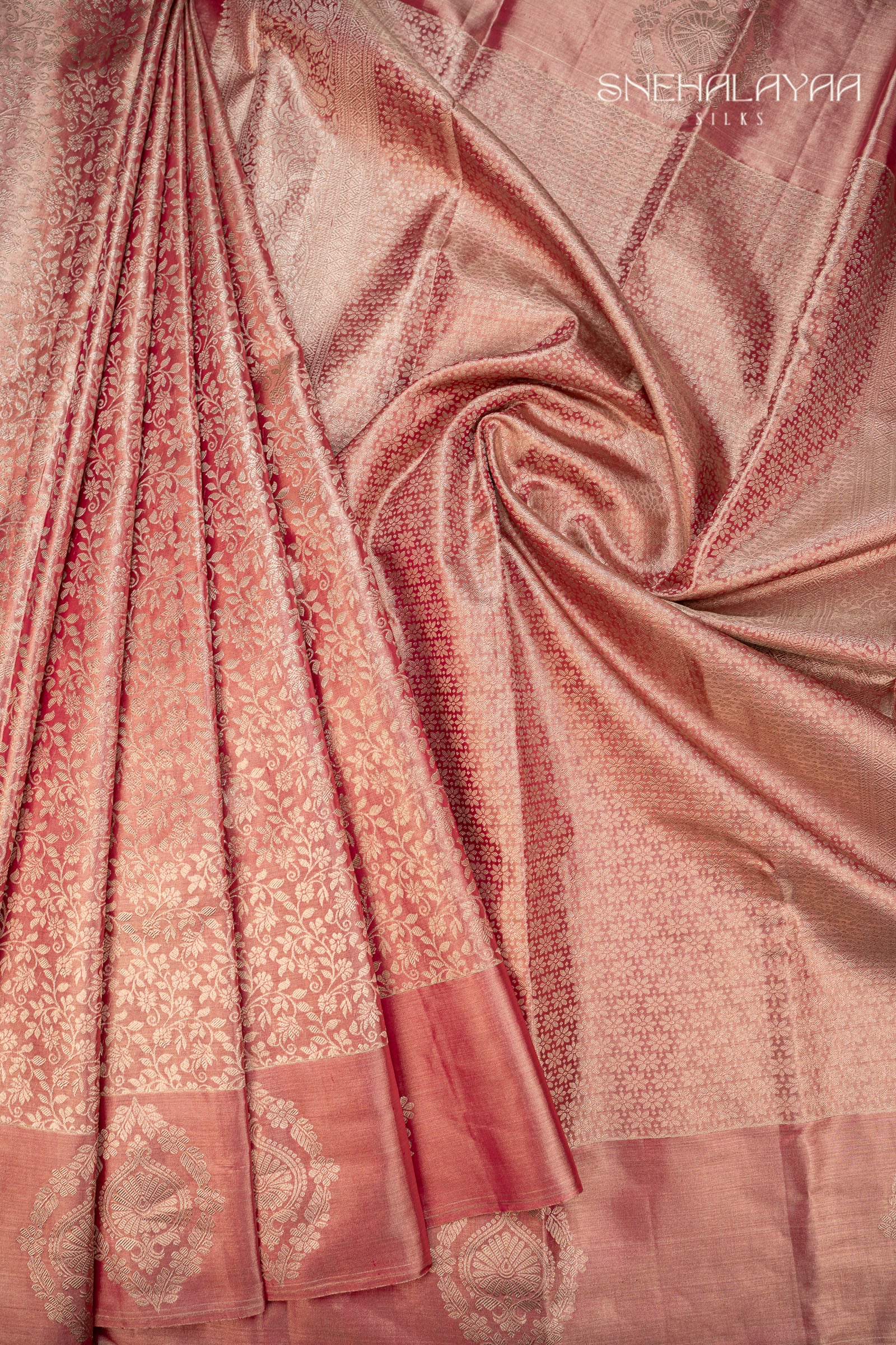 Peach Pink Tissue Kancheevaram Silk Saree