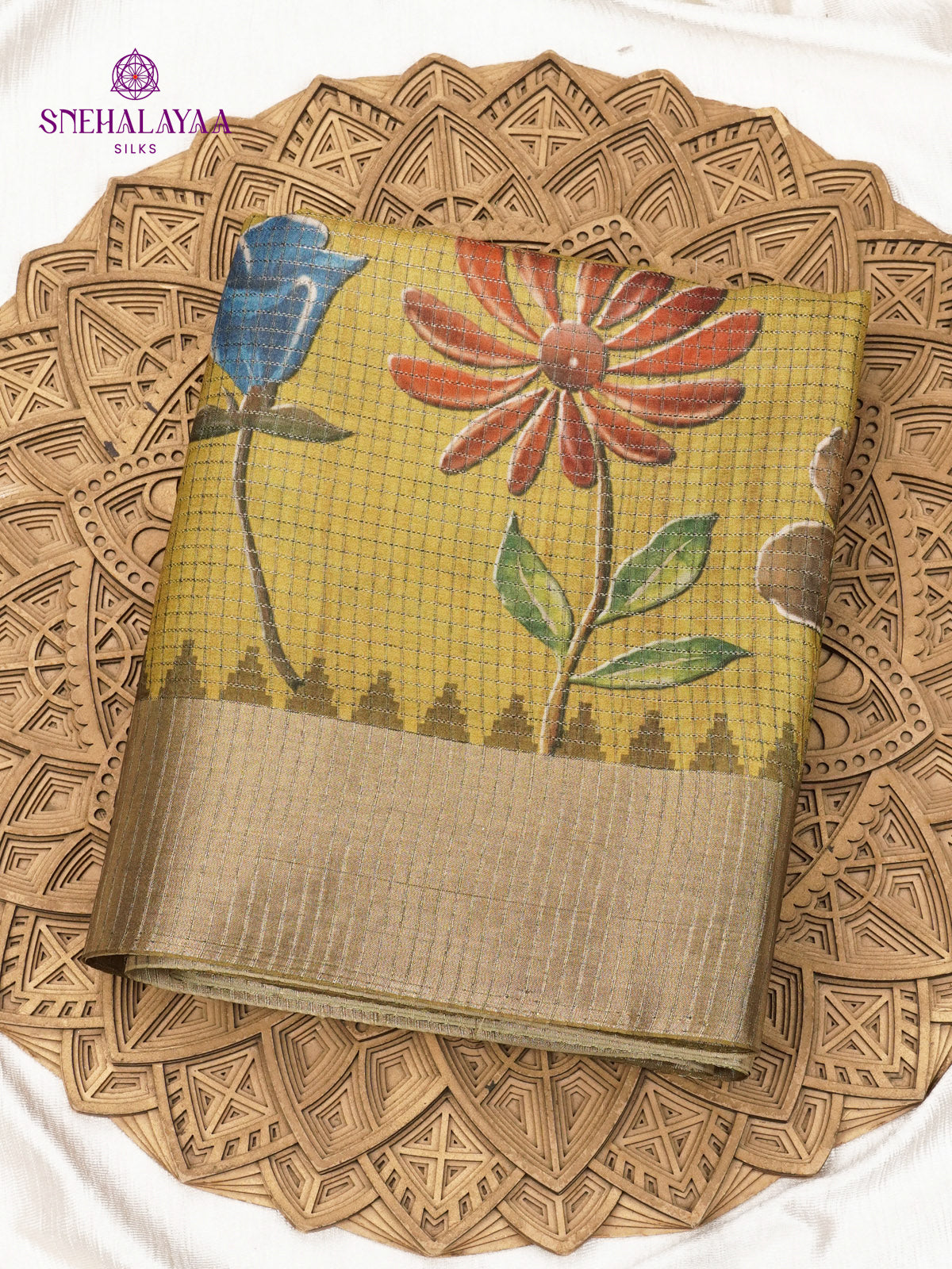 Mustard Yellow Floral Printed Tussar Saree