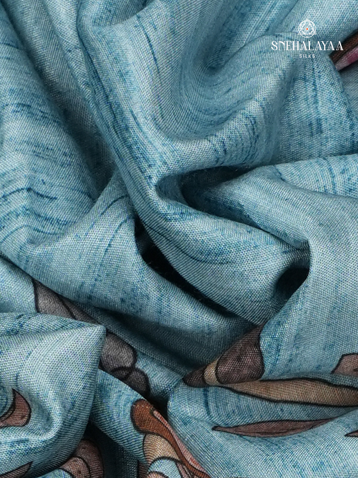 Sky Blue Floral Printed Tussar Saree