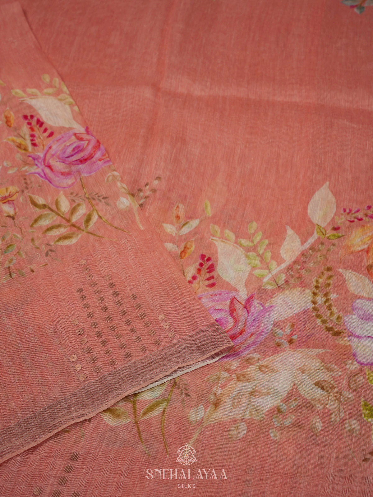 Peach Linen Kora Silk Saree