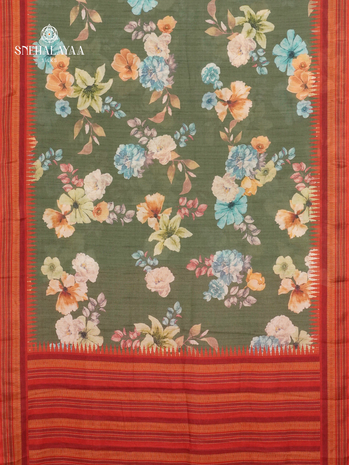 Olive Green Printed Creap Saree