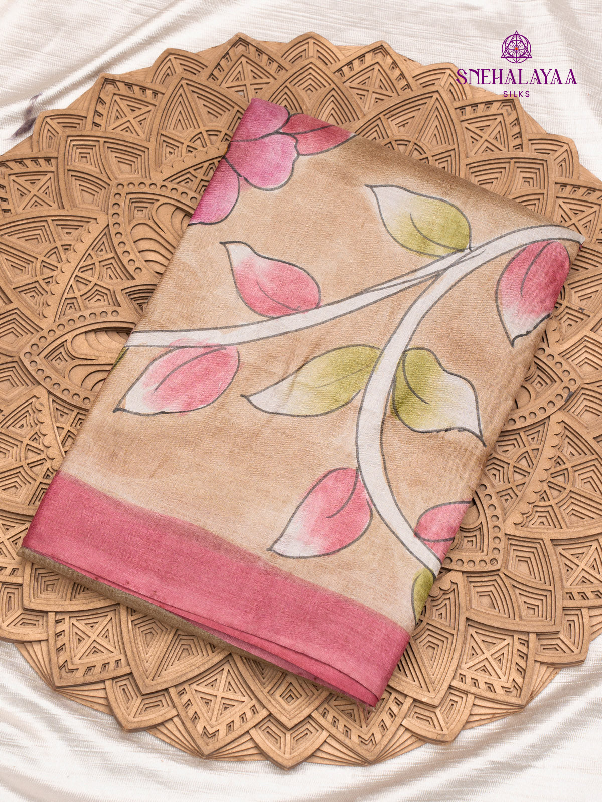 Pale Brown Printed Tussar Saree