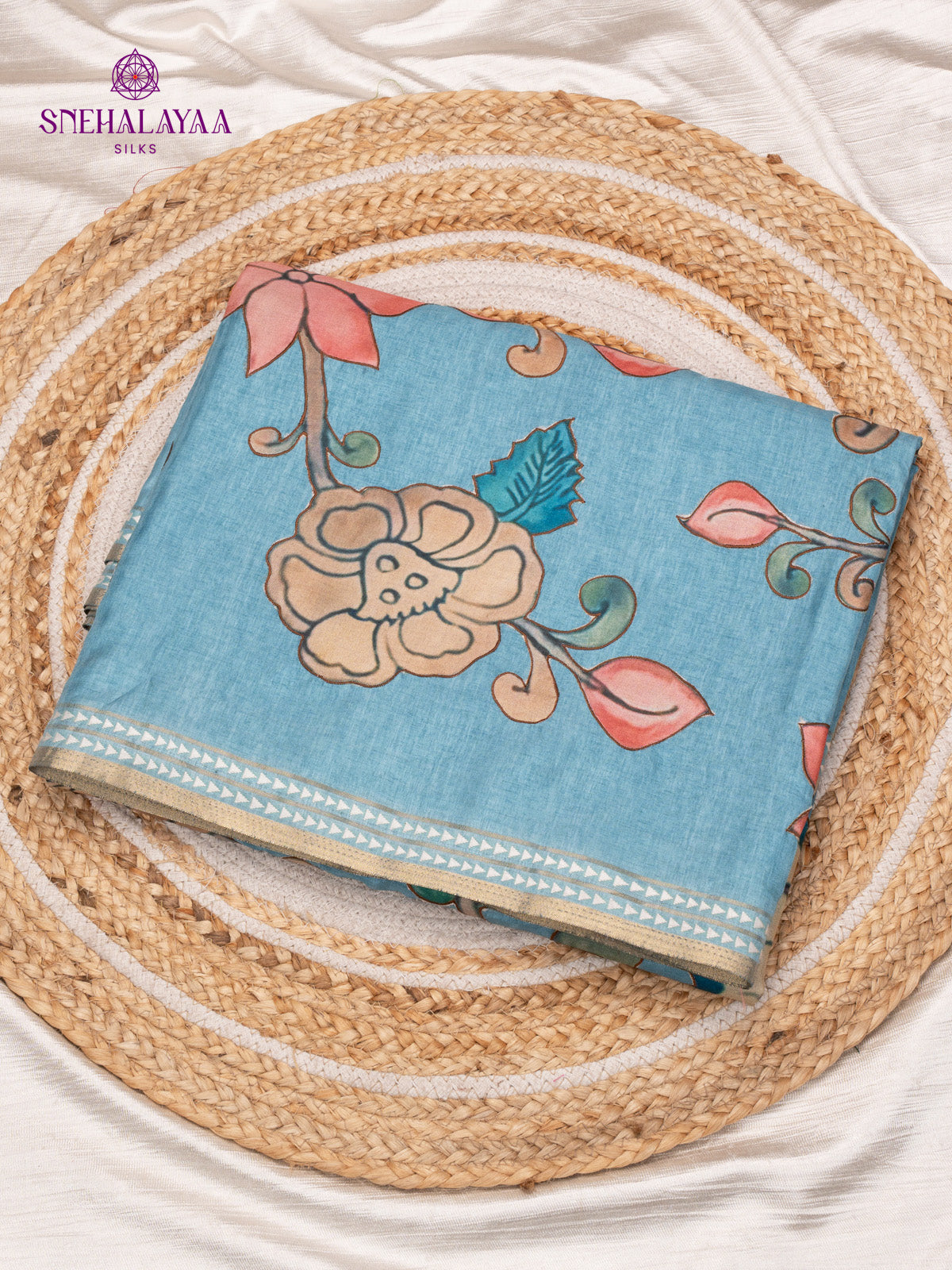 Pale Blue Raw Silk Embroidery Saree